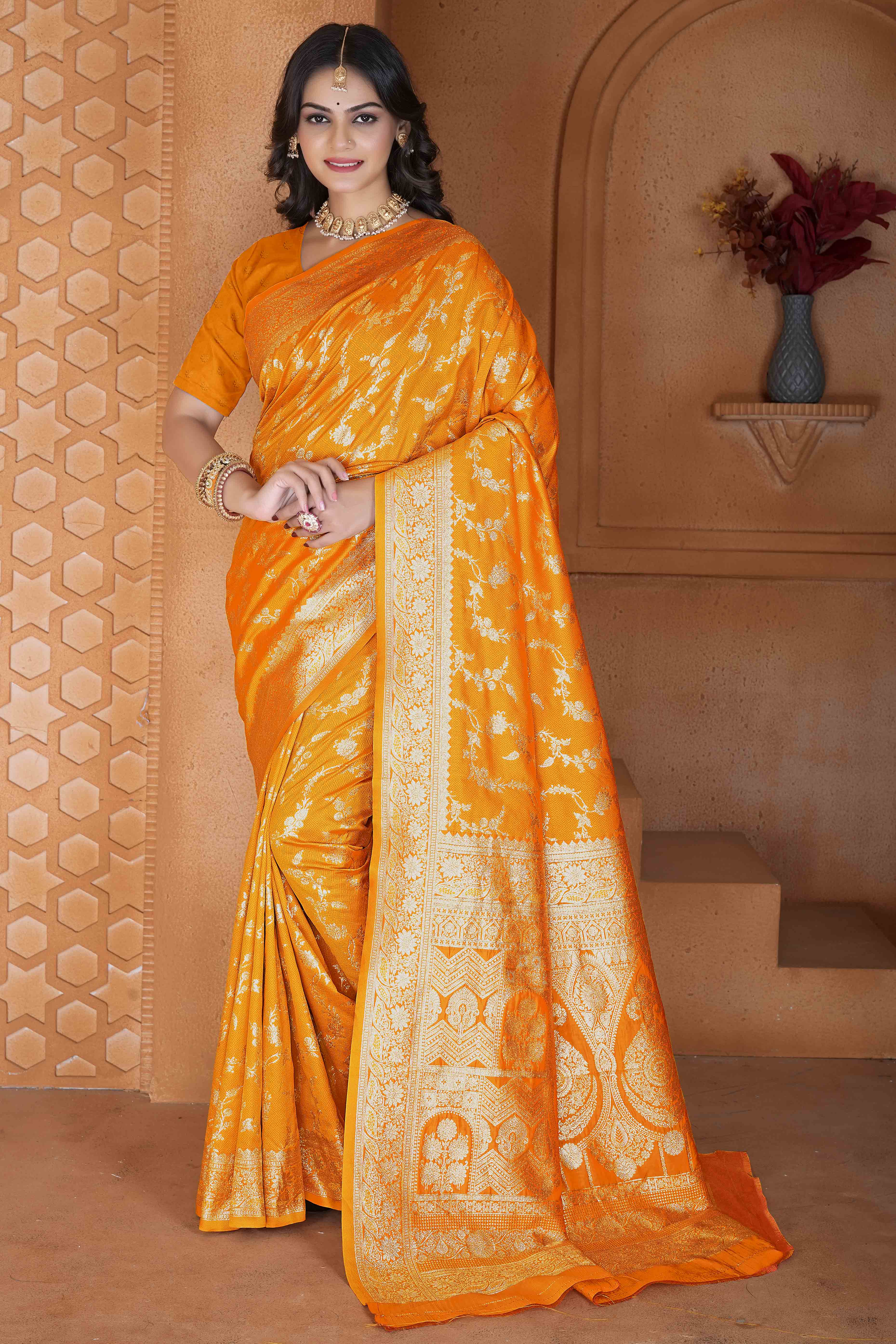 Mustard Saree in Art Silk Featuring Traditional Zari Woven Floral Motifs for Special Occasions