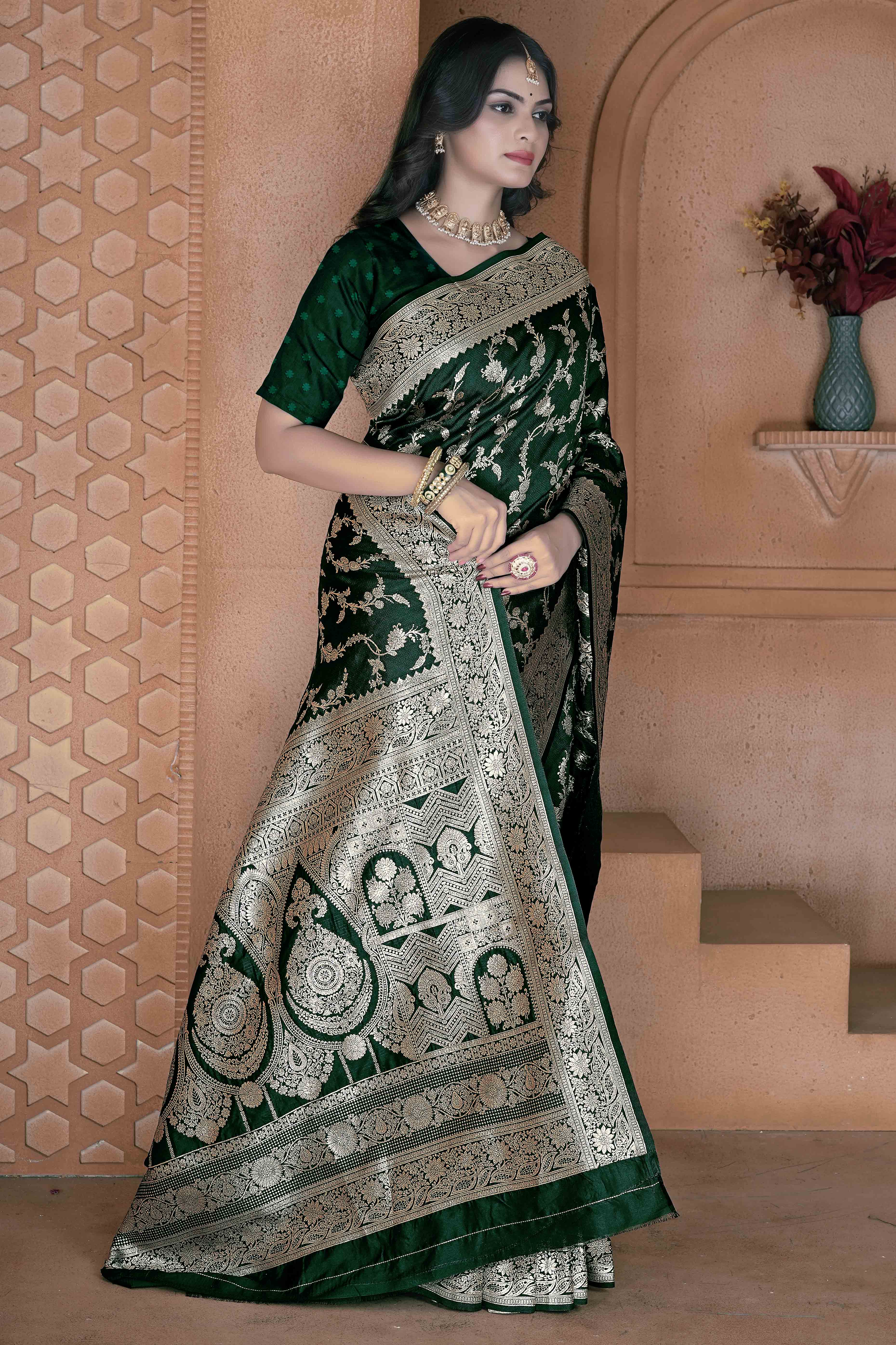 Green Saree in Art Silk Featuring Traditional Zari Woven Floral Motifs for Special Occasions