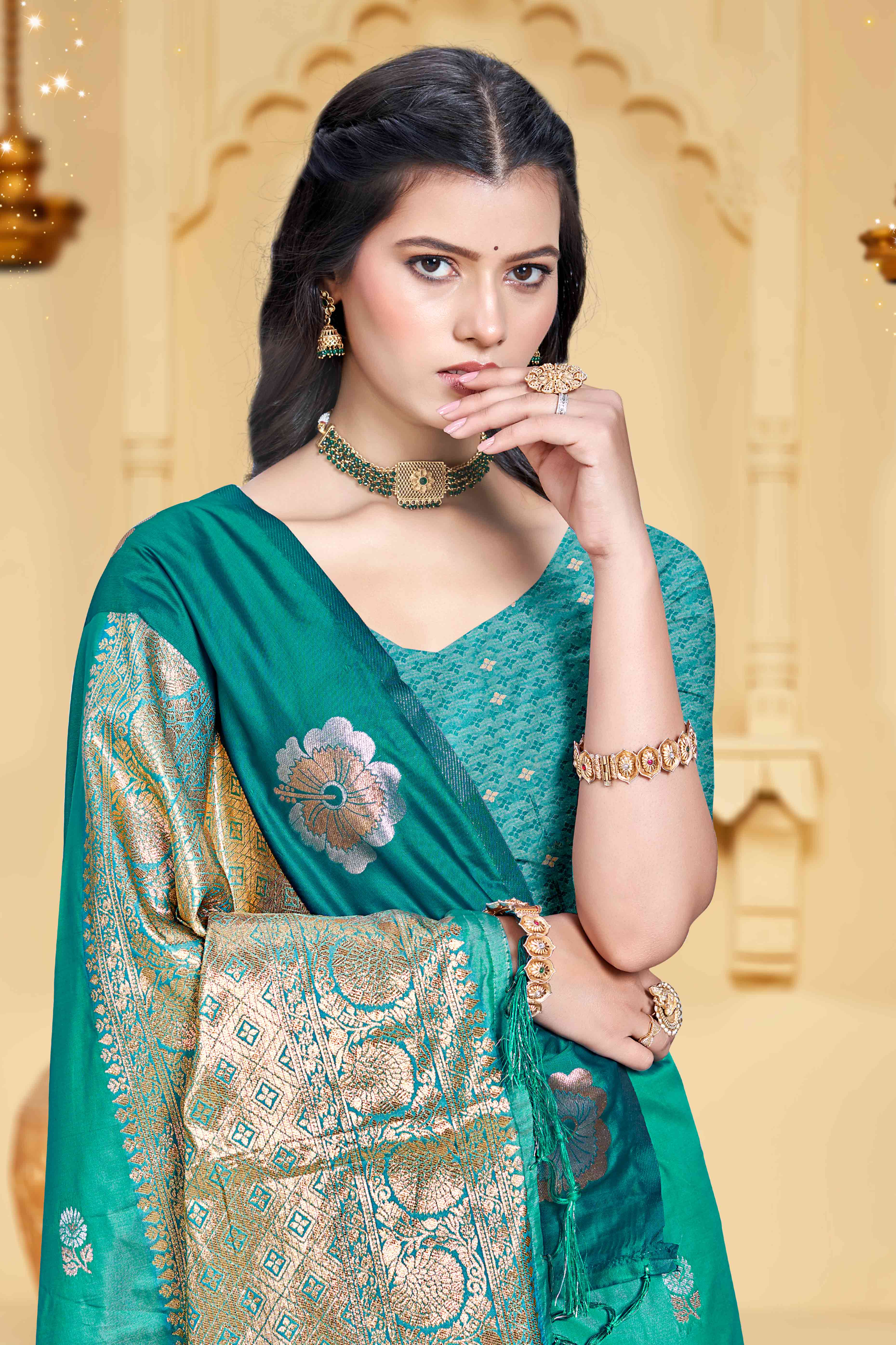 Charming Rama Green Floral Zari Weaving Silk Blend Saree Enhanced With Stylish Tassel Pallu
