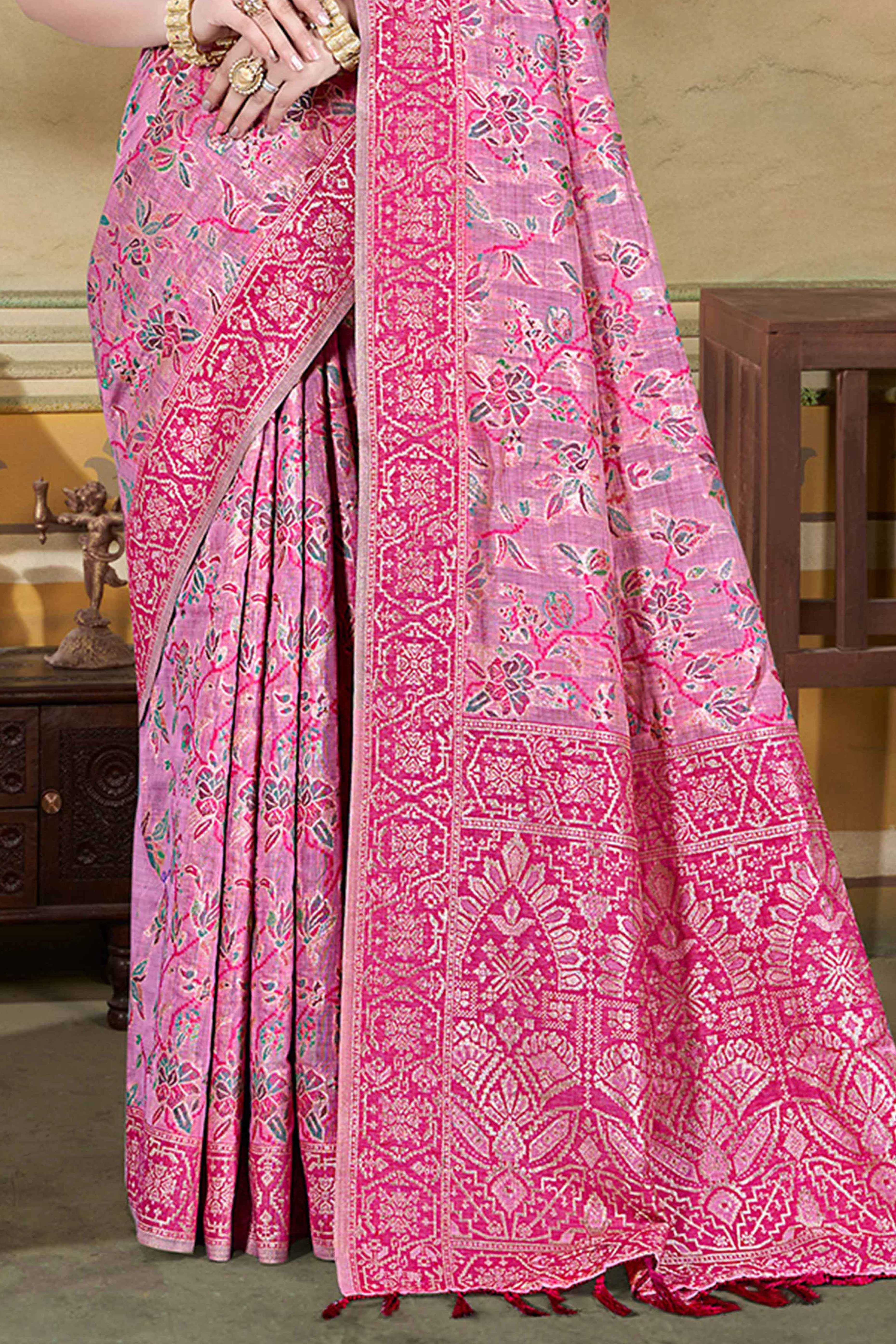 Alluring Pink Floral Zari Weaving Cotton Silk Saree With Graceful Tassel Pallu