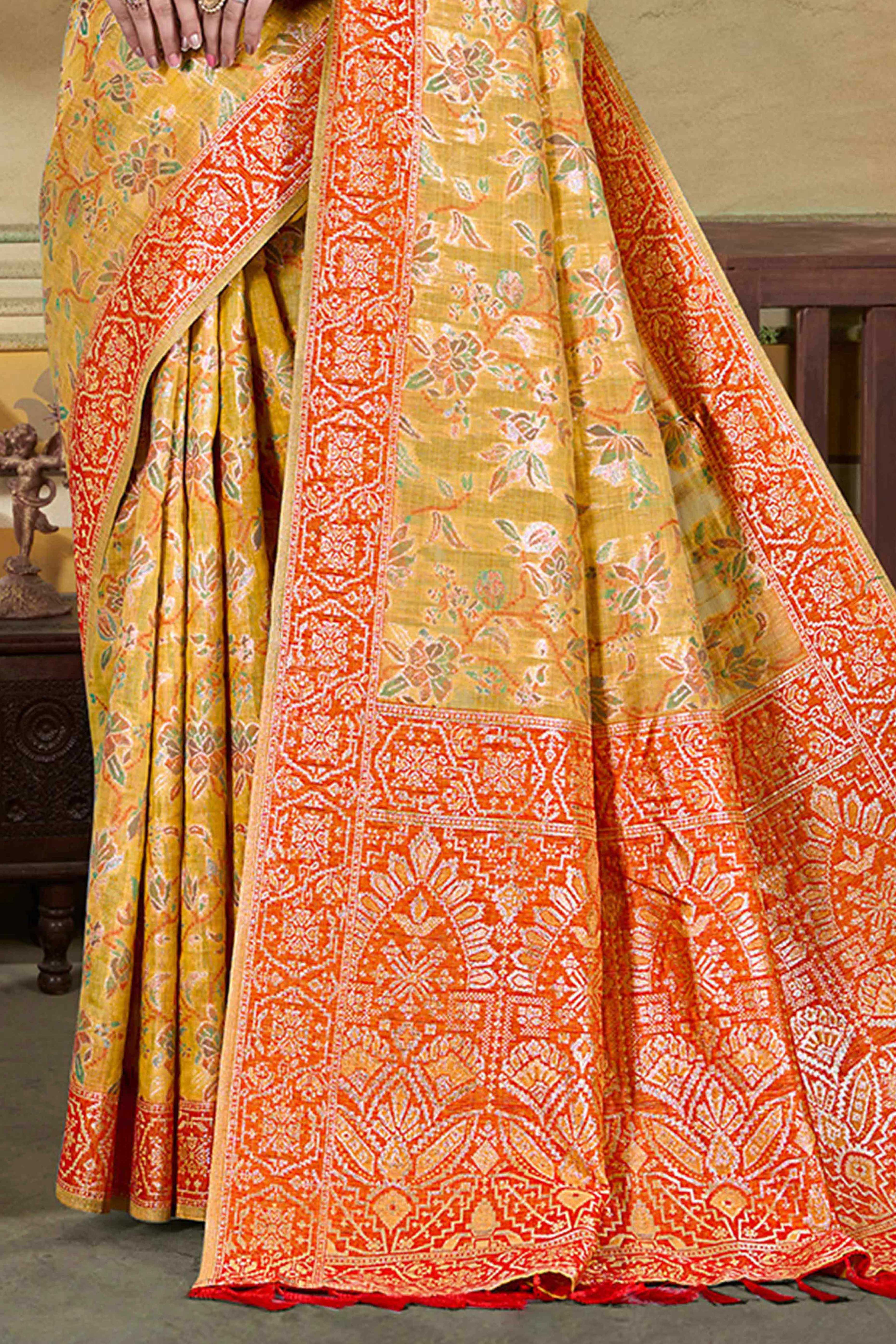 Alluring Mustard Floral Zari Weaving Cotton Silk Saree With Graceful Tassel Pallu