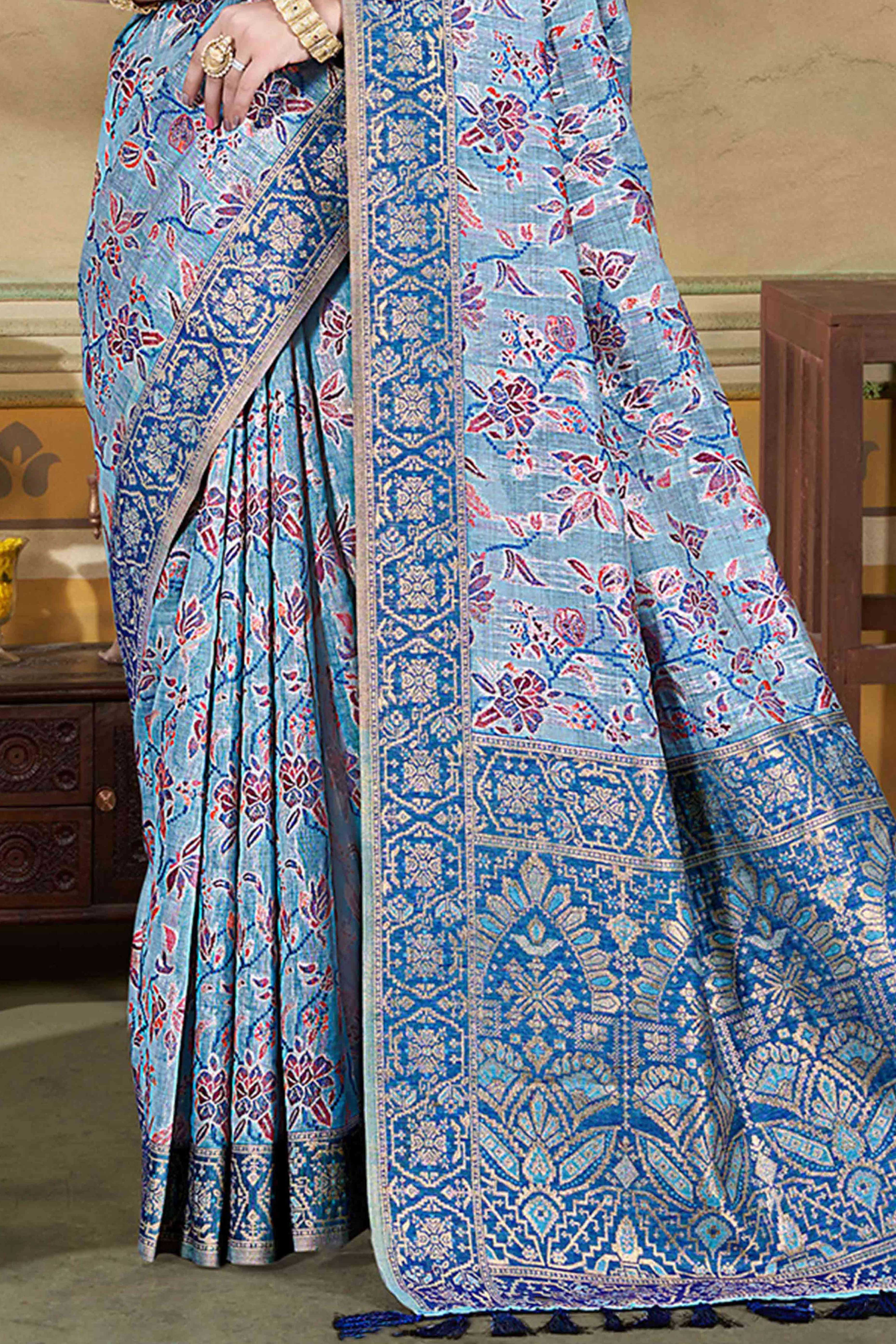 Alluring Blue Floral Zari Weaving Cotton Silk Saree With Graceful Tassel Pallu