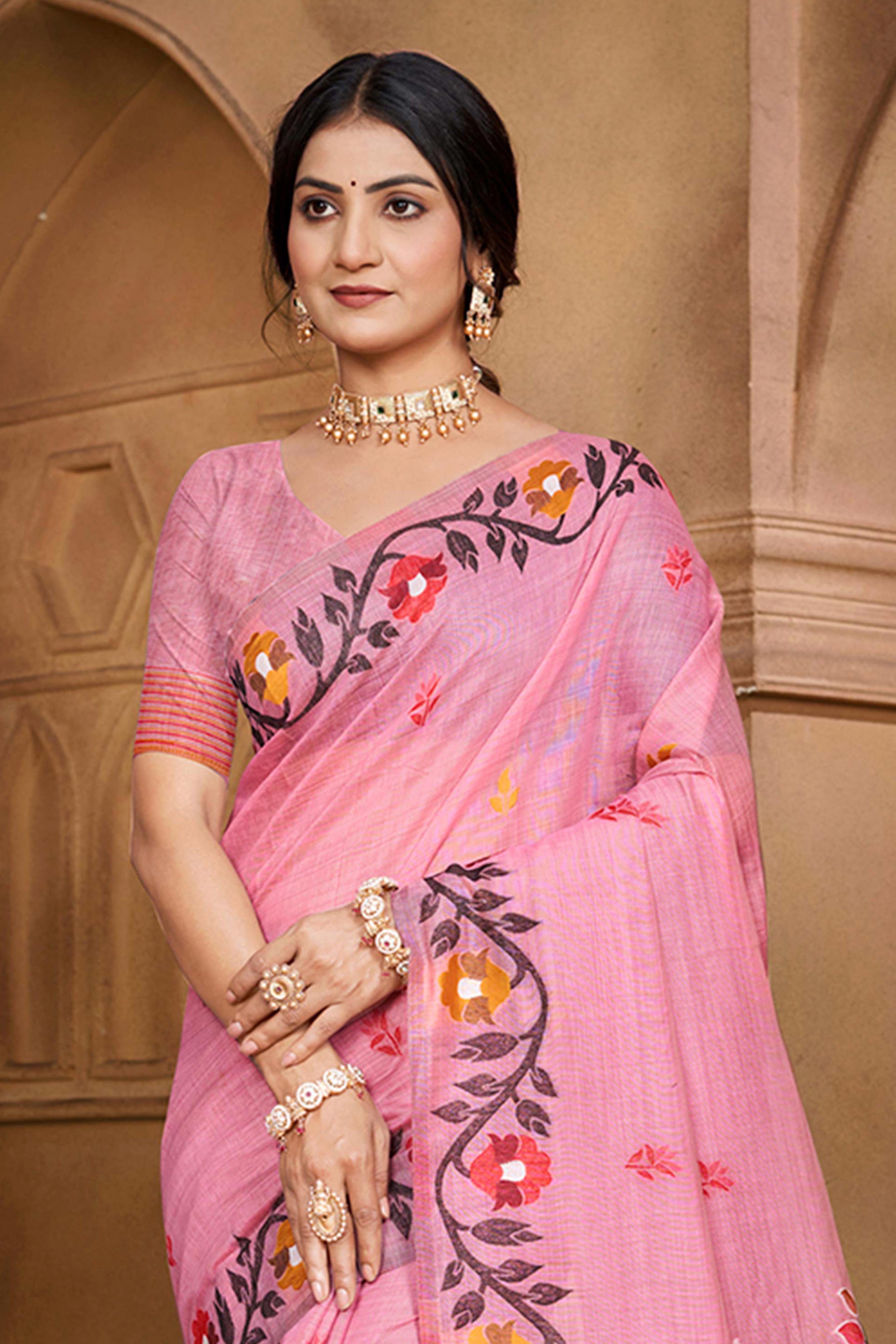 Charming Pink Floral Weaving Cotton Silk Saree Enhanced With Tree Motif Pallu With Tassel