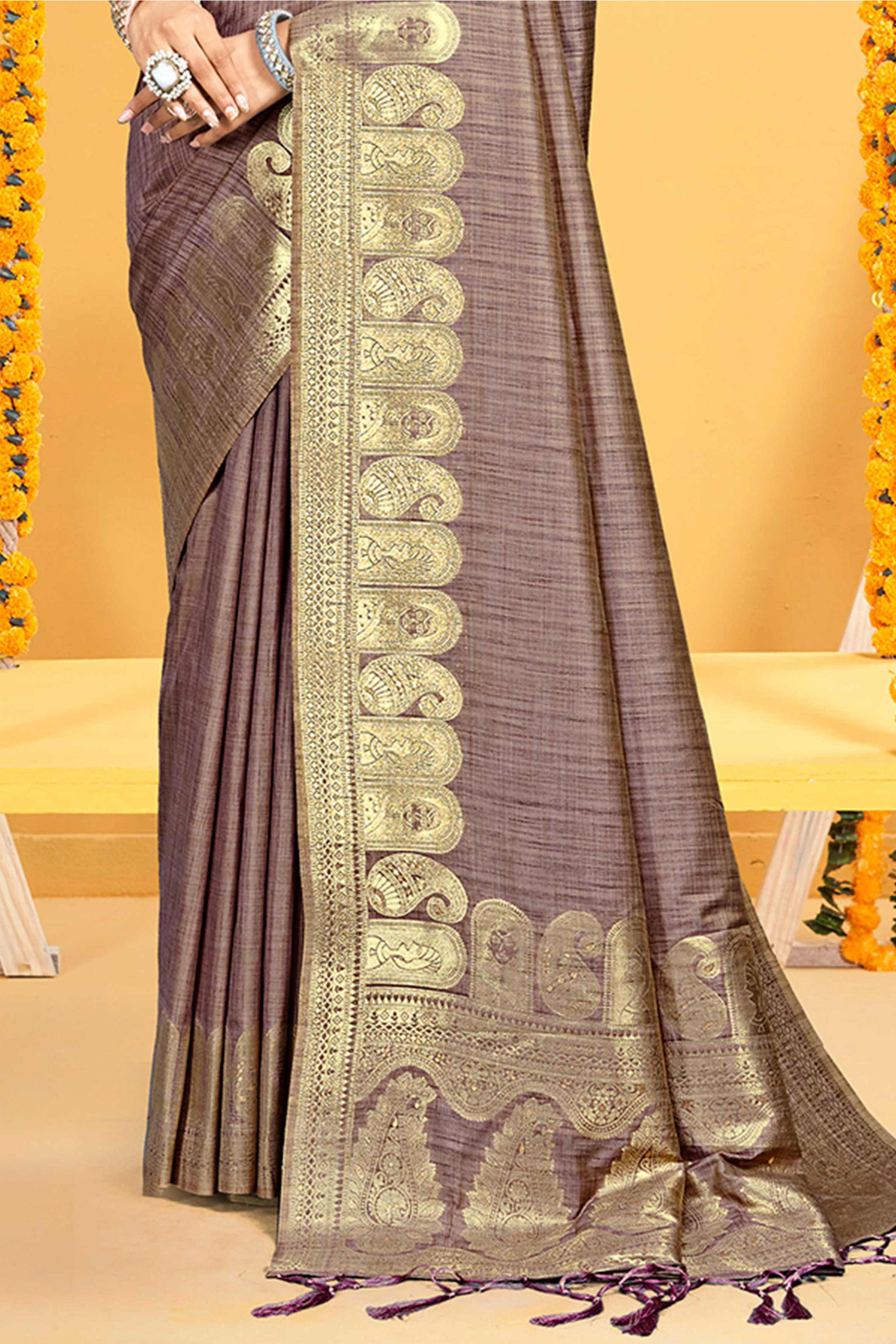 Classic Wine Floral & Paisley Design Weaving Assam Silk Blend Saree With Tassel Pallu