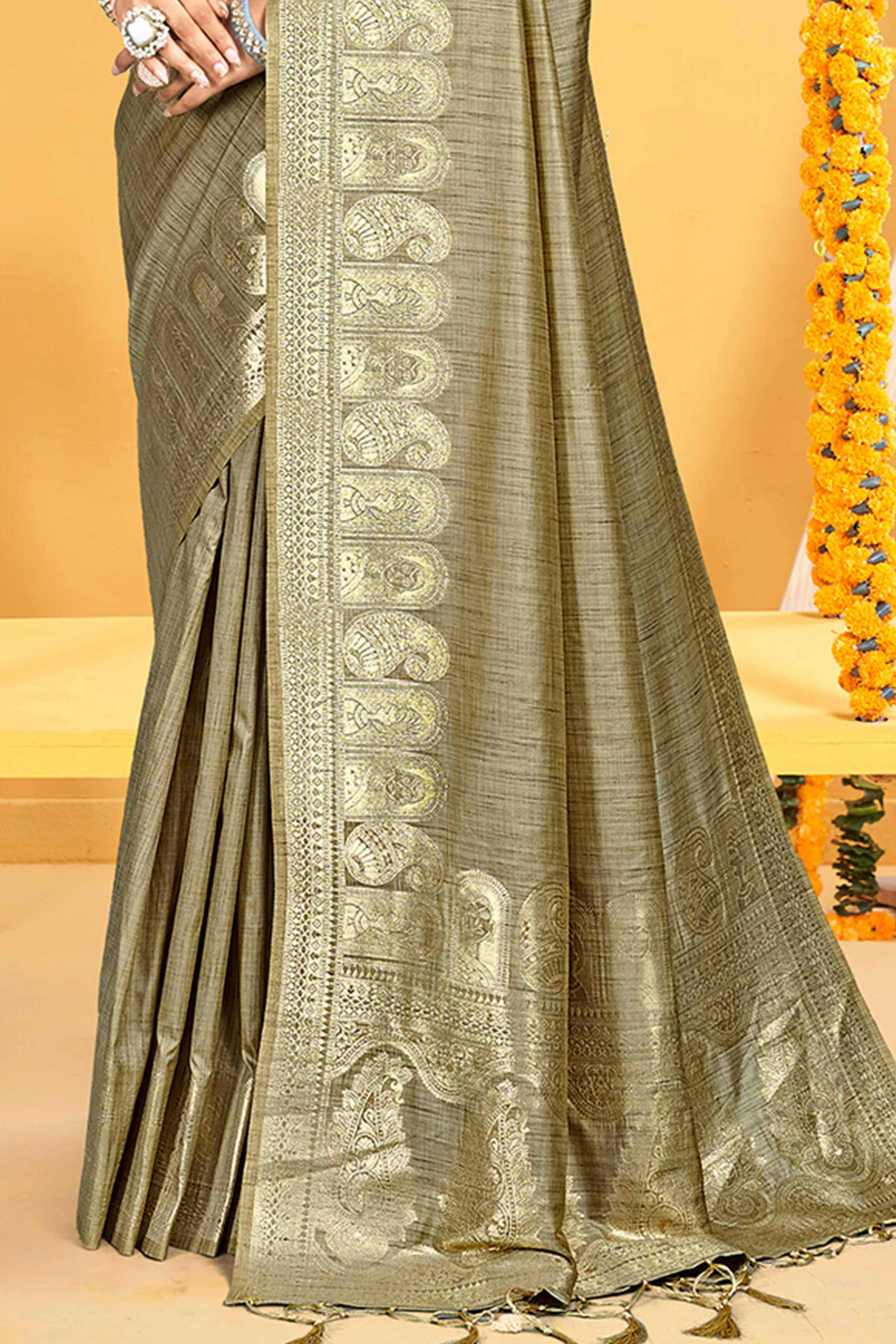 Classic Light Mehendi Green Floral & Paisley Design Weaving Assam Silk Blend Saree With Tassel Pallu
