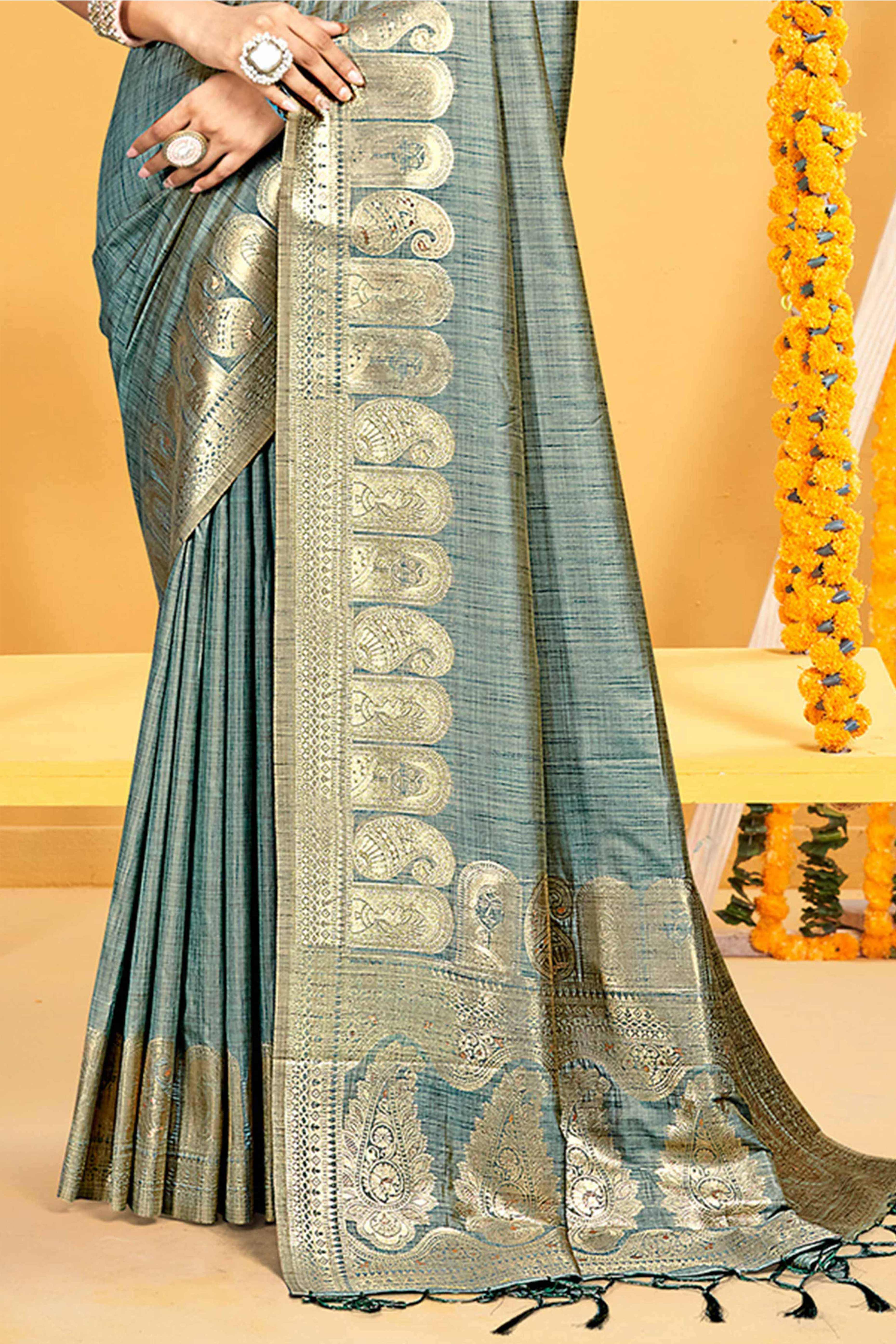 Classic Teal Floral & Paisley Design Weaving Assam Silk Blend Saree With Tassel Pallu