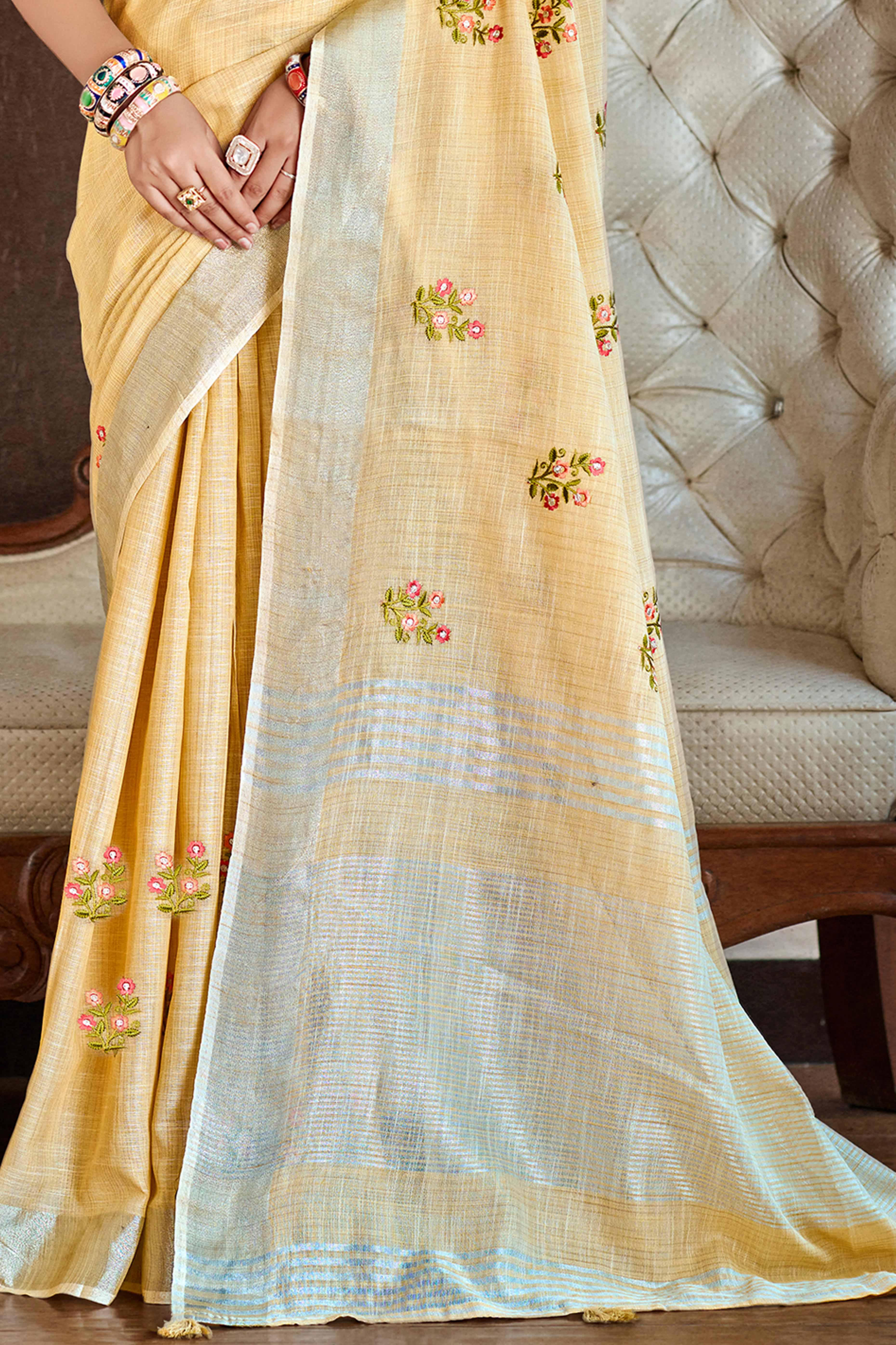 Beige Embroidered Linen Saree with Floral Motifs in Woven Fabric