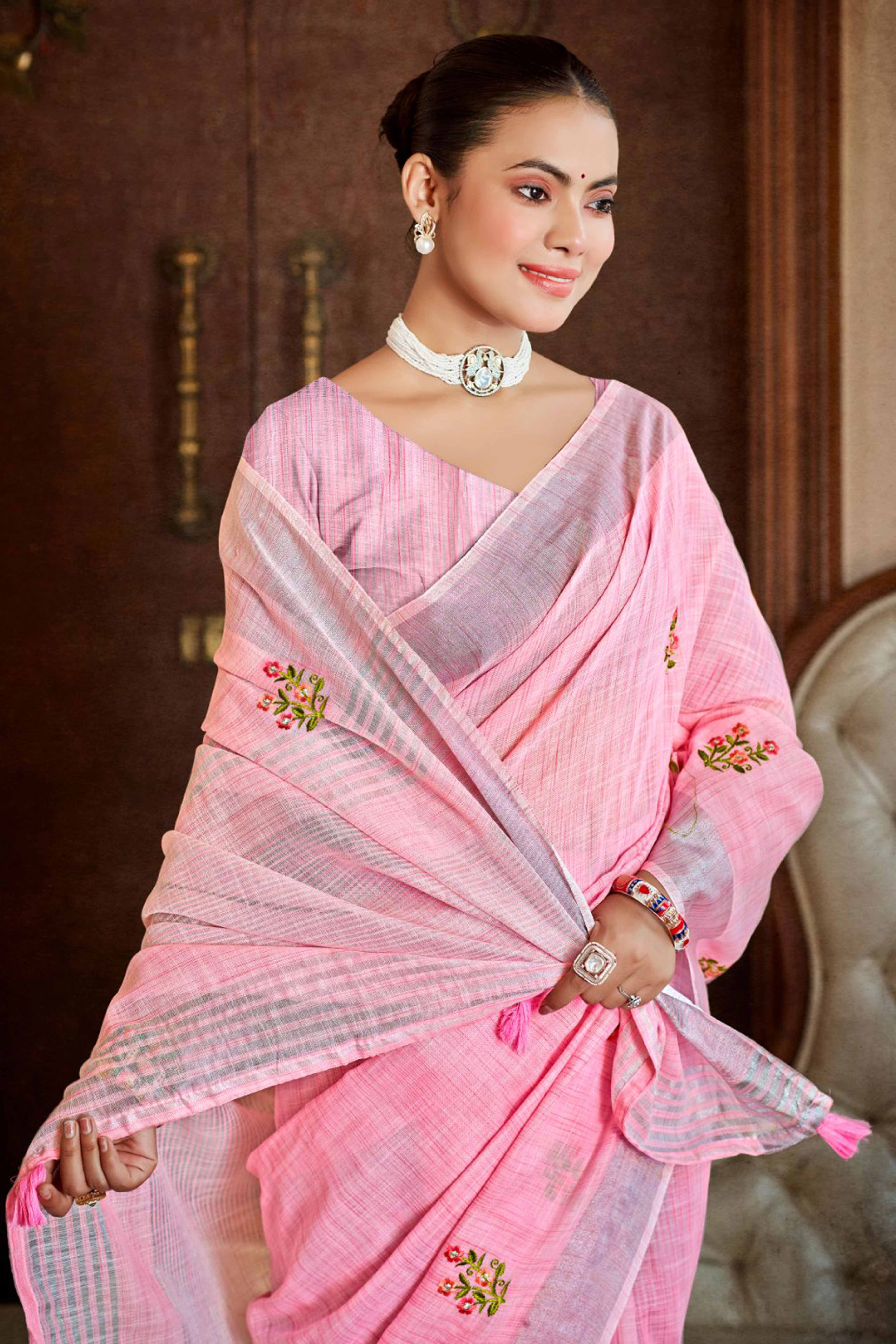Pink Embroidered Linen Saree with Floral Motifs in Woven Fabric
