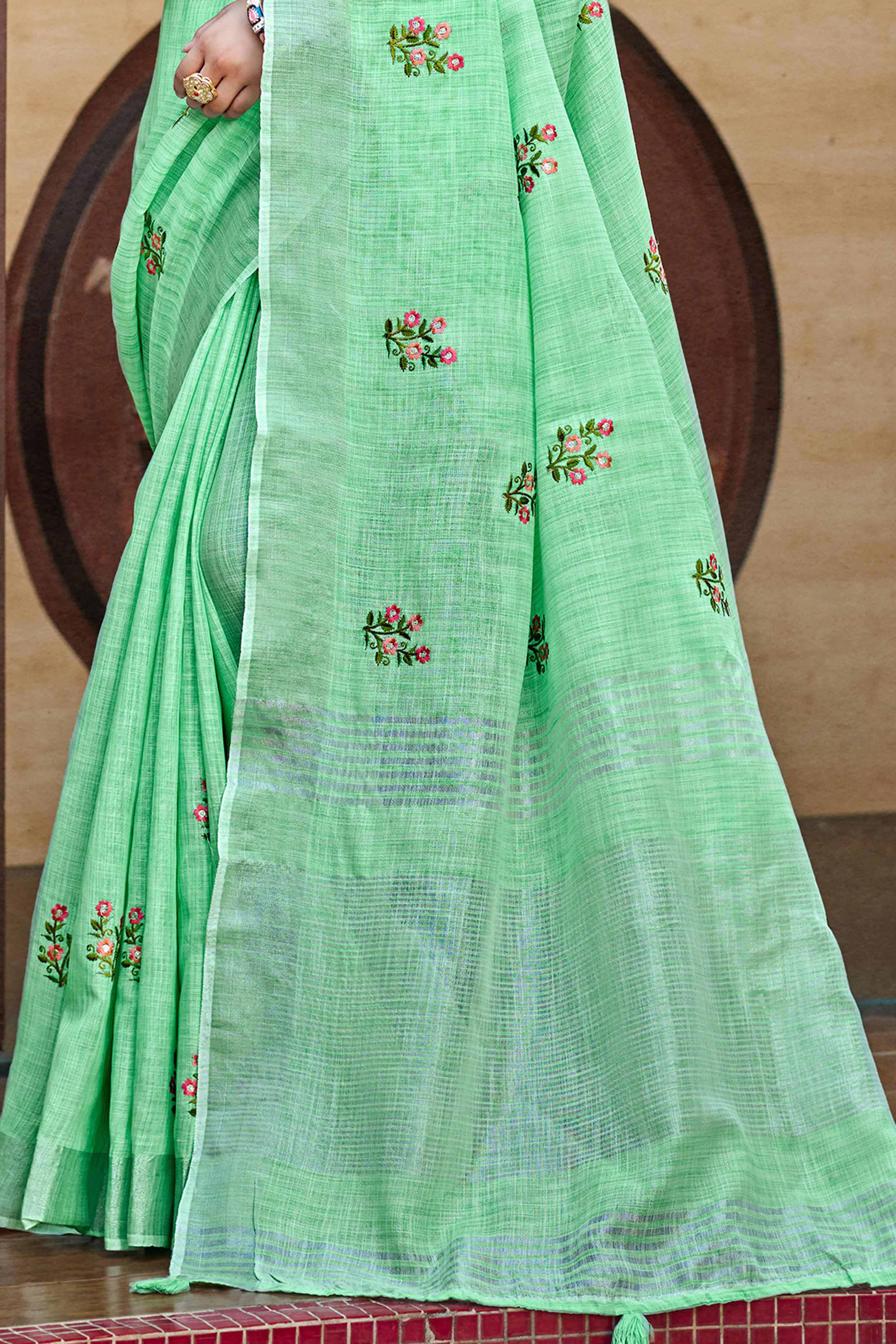 Pista Green Embroidered Linen Saree with Floral Motifs in Woven Fabric