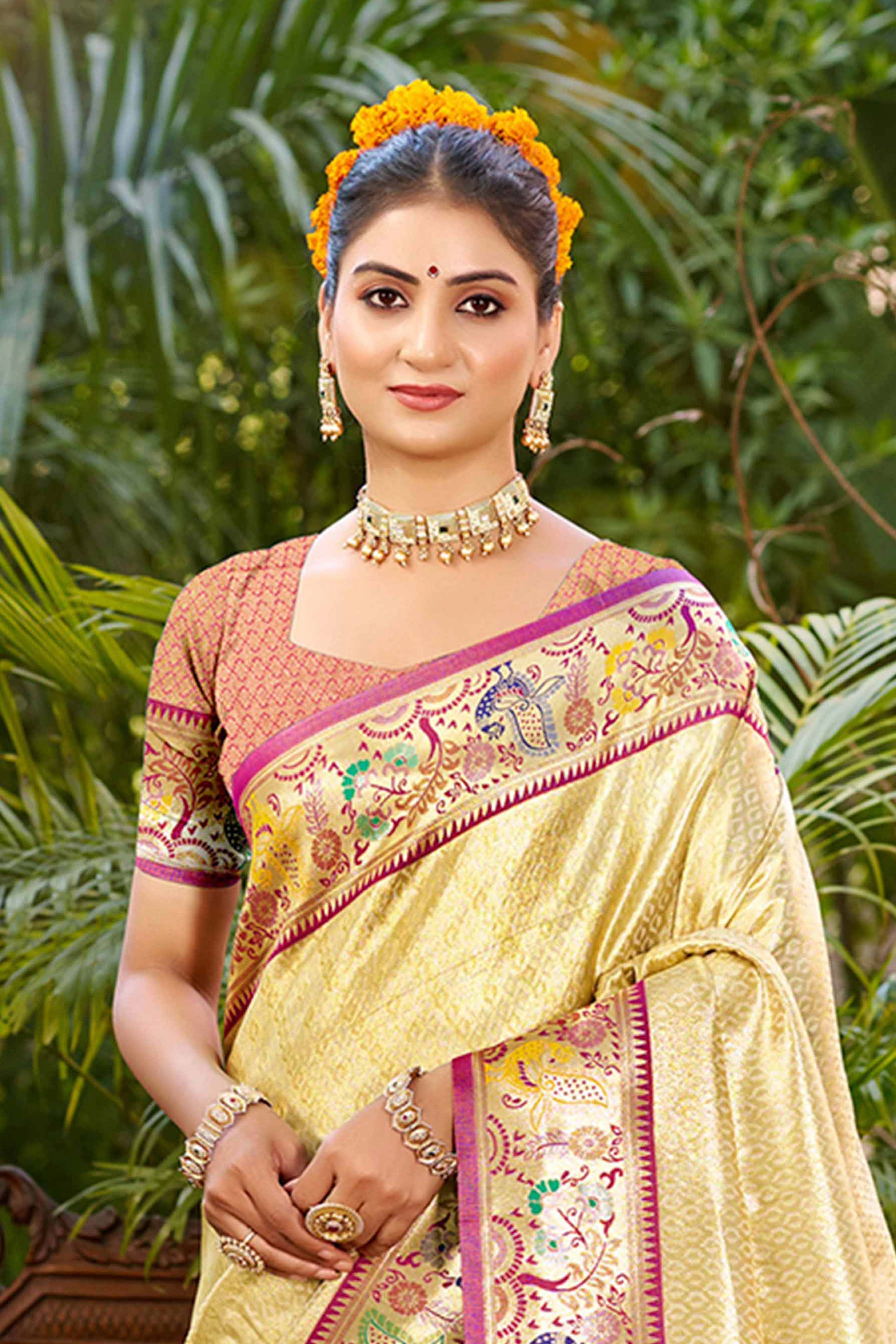 Graceful Golden Silk Blend Saree Adorned With Intricate Zari Weave & Peacock Motif Pallu
