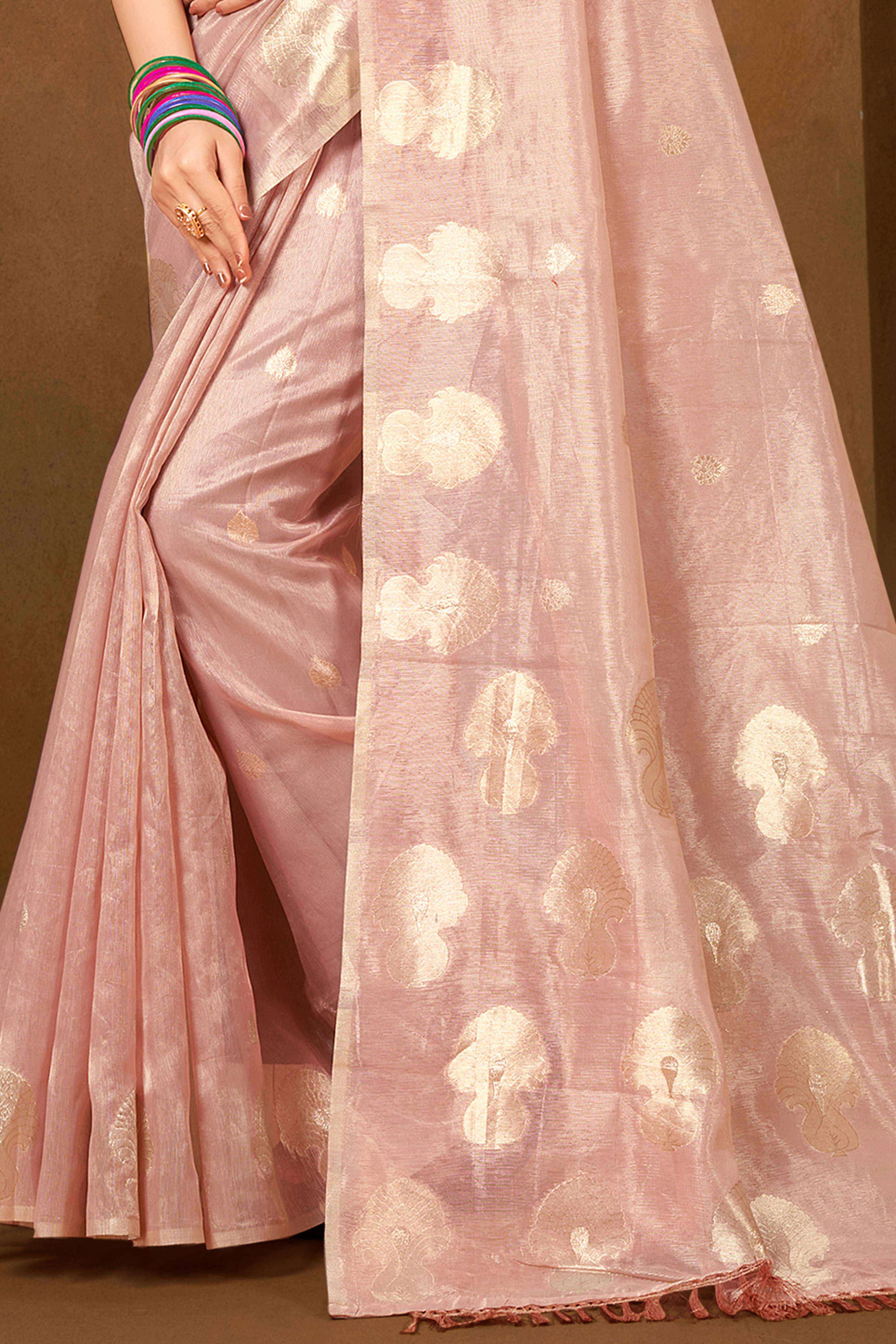 Light Pink Saree in Munga Kota Doria with Traditional Zari Weaving