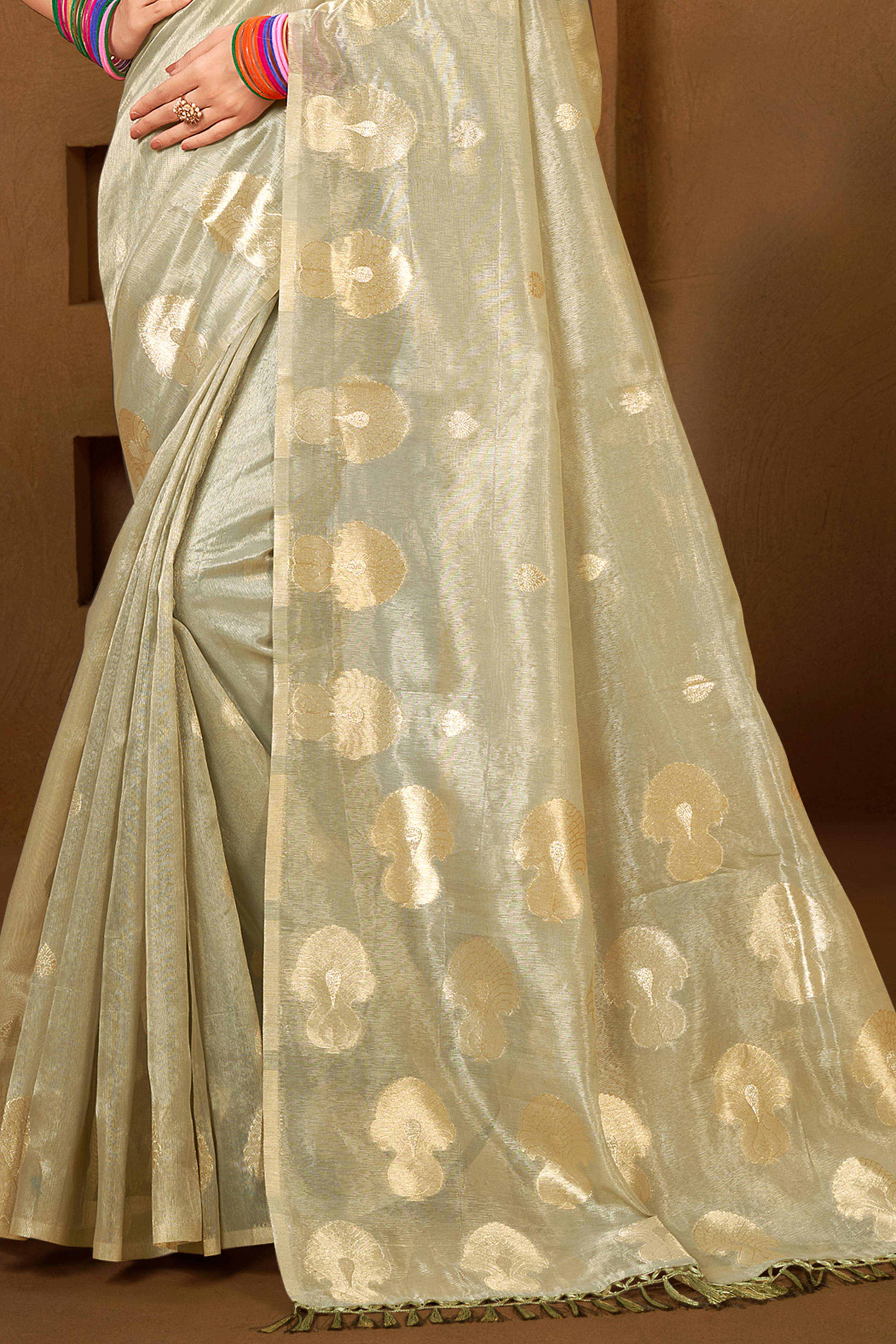 Light Grey Saree in Munga Kota Doria with Traditional Zari Weaving