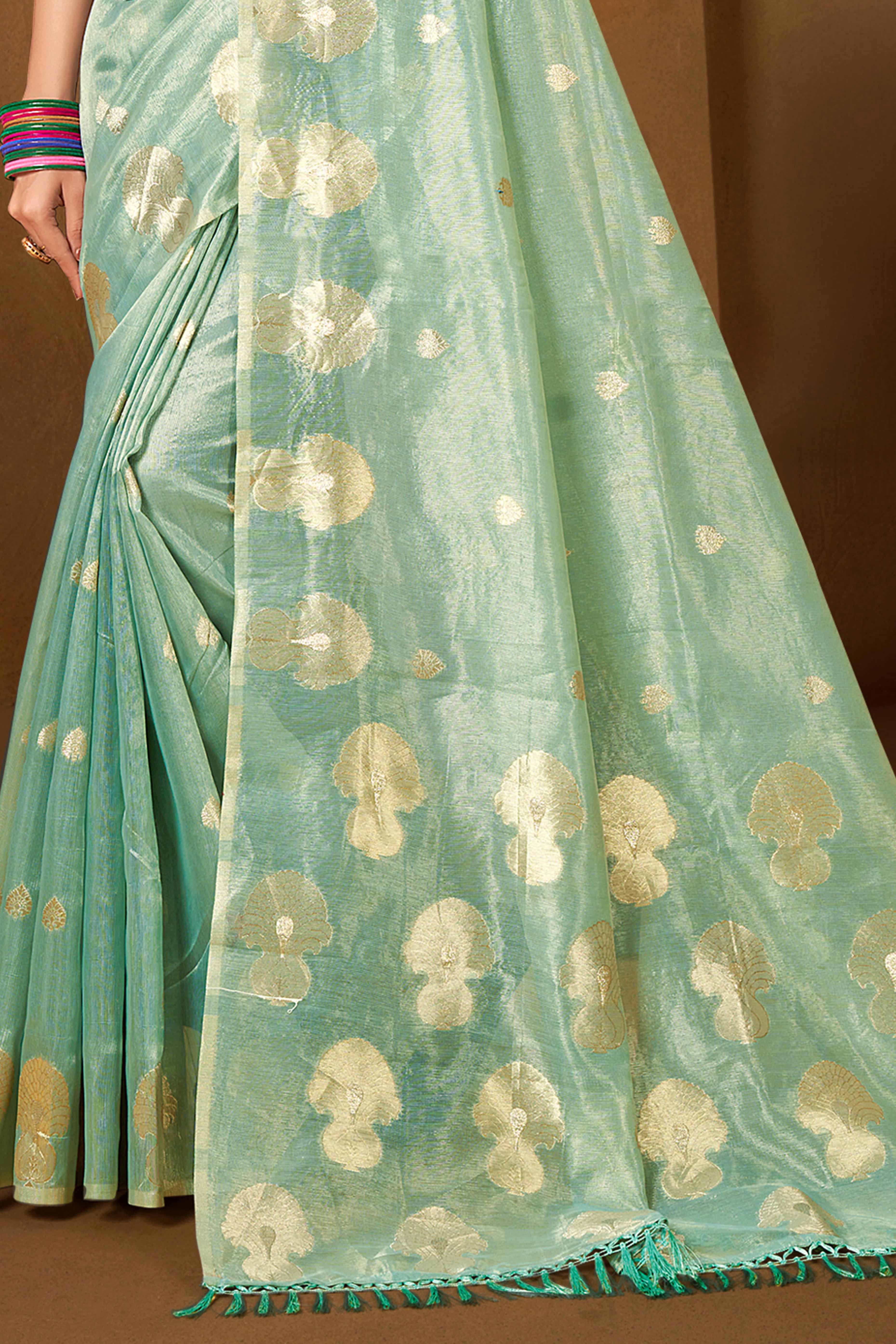 Sea Green Saree in Munga Kota Doria with Traditional Zari Weaving