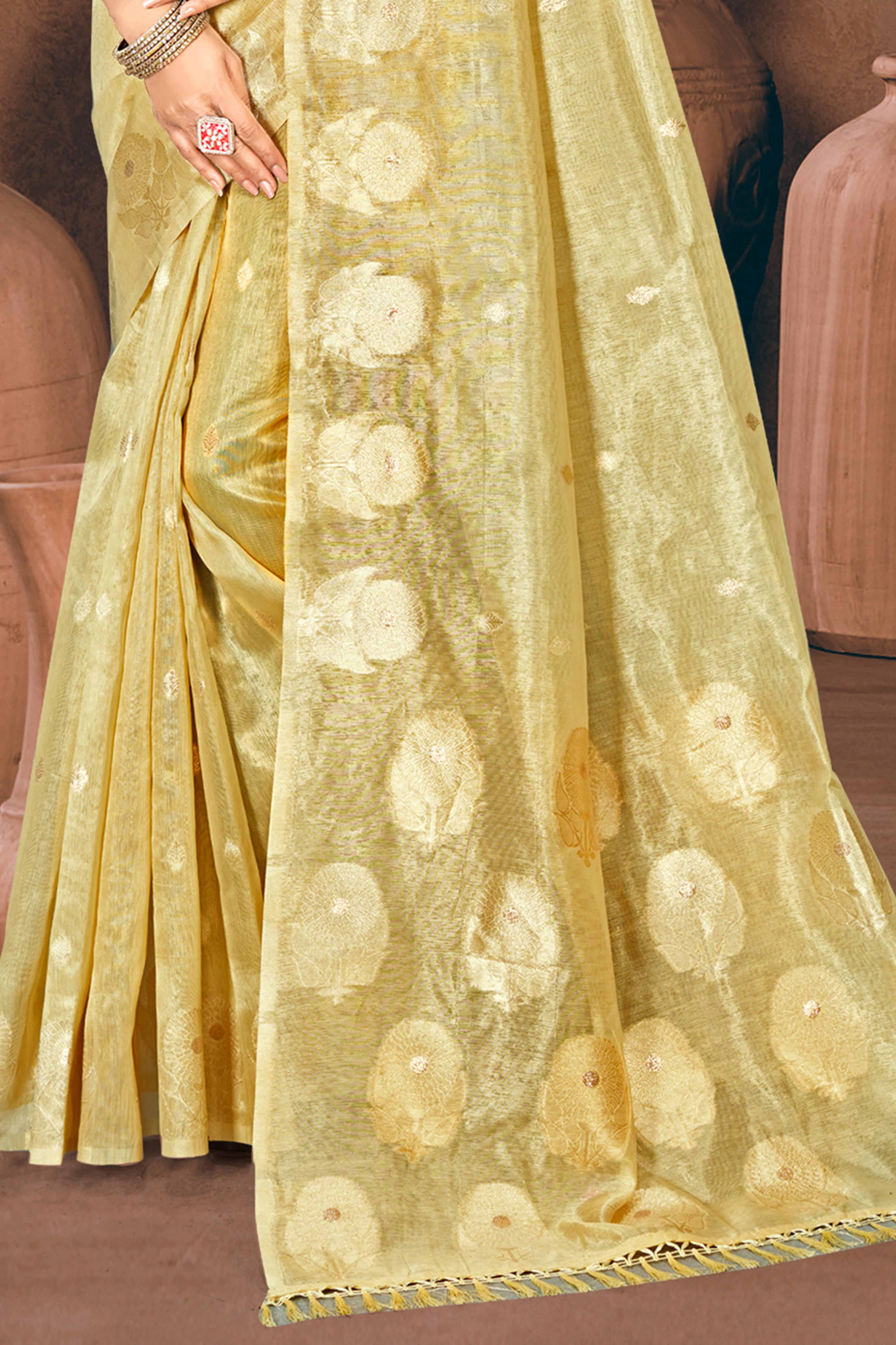 Gold Kota Doria Saree with Rich Traditional Zari Woven Borders