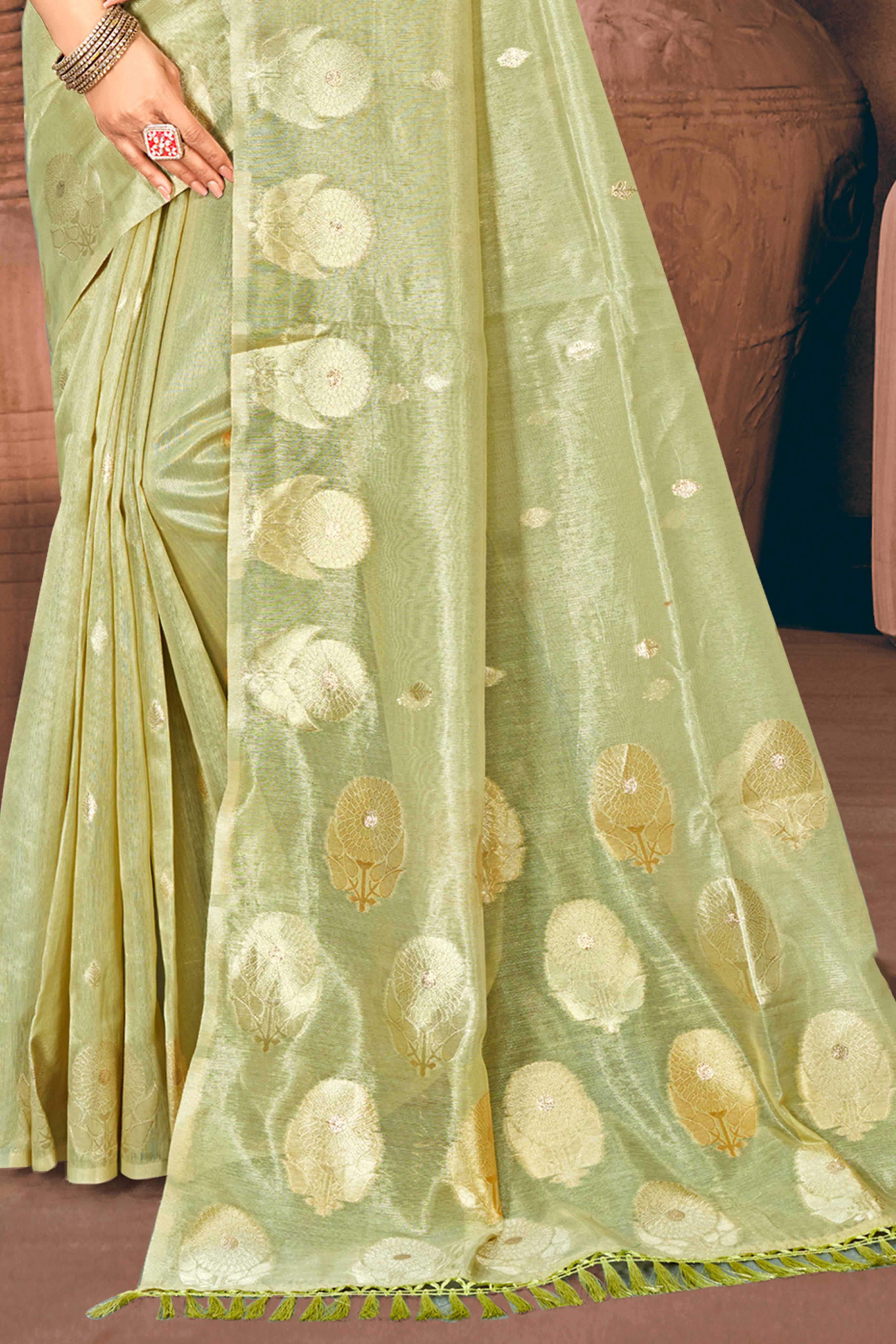 Green Kota Doria Saree with Rich Traditional Zari Woven Borders