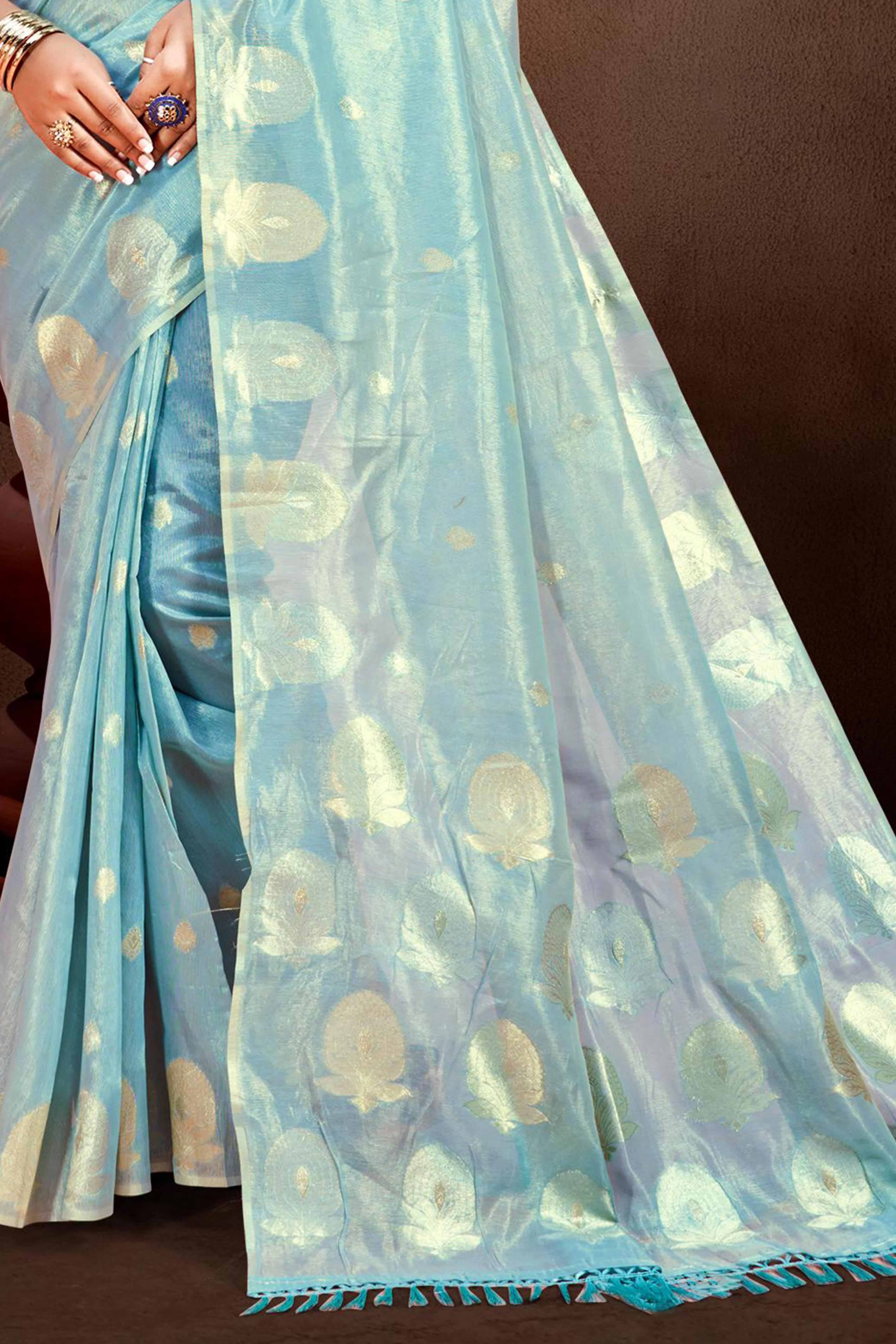 Sky Blue Saree with Traditional Zari Detailing in Munga Kota Doria