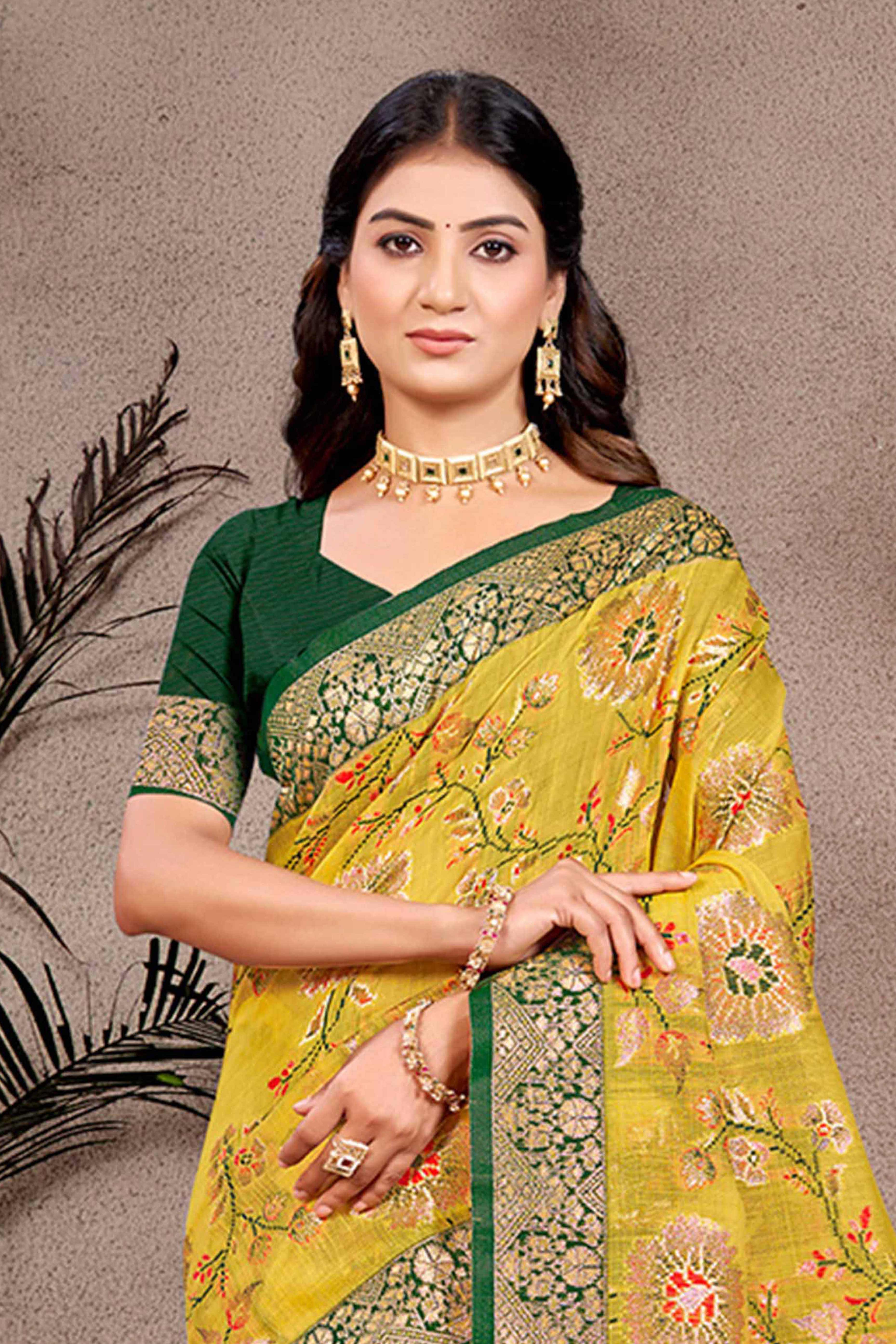 Opulent Mustard Floral Zari Motif Weaving Cotton Silk Saree With Elegant Tassel Pallu