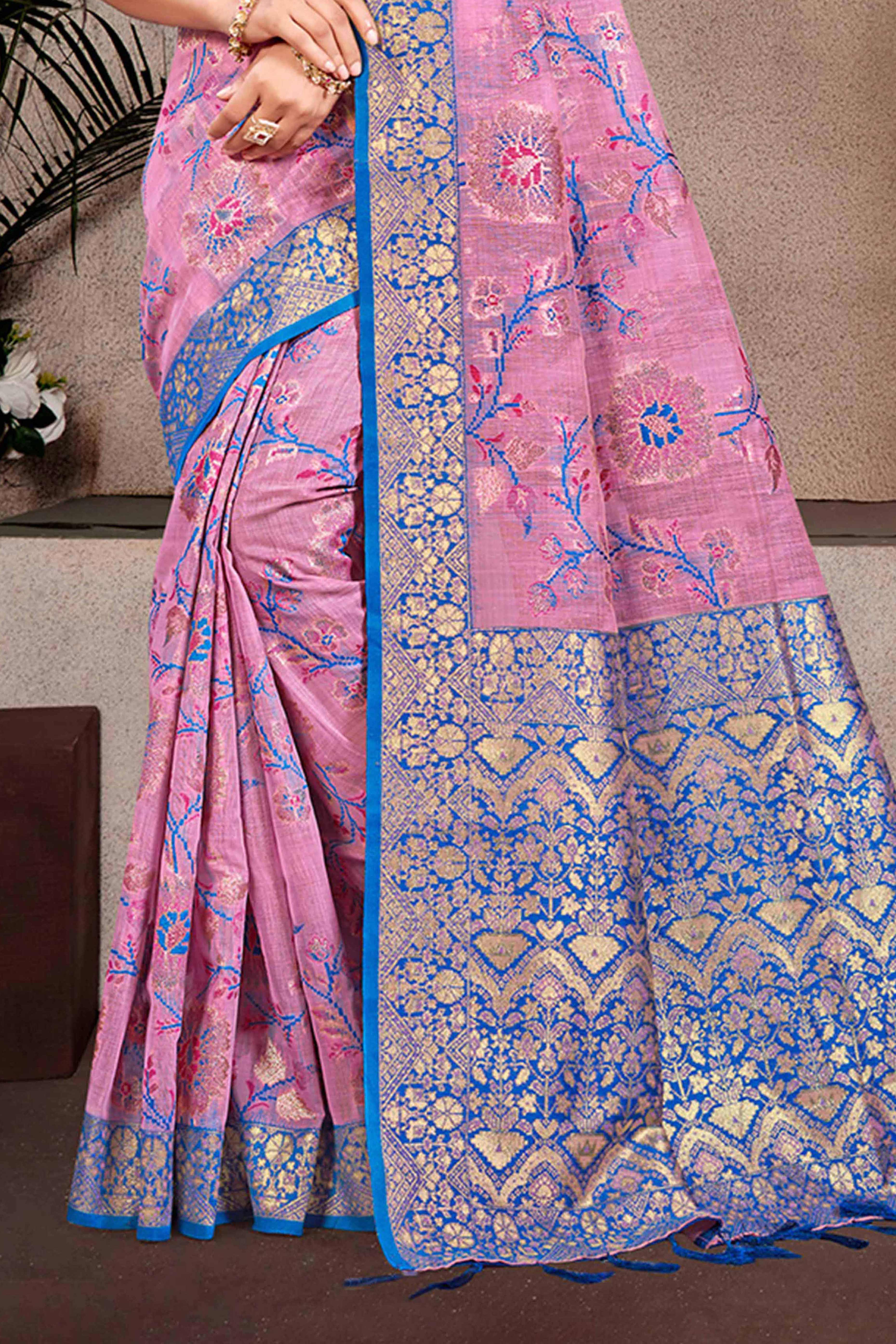 Opulent Pink Floral Zari Motif Weaving Cotton Silk Saree With Elegant Tassel Pallu