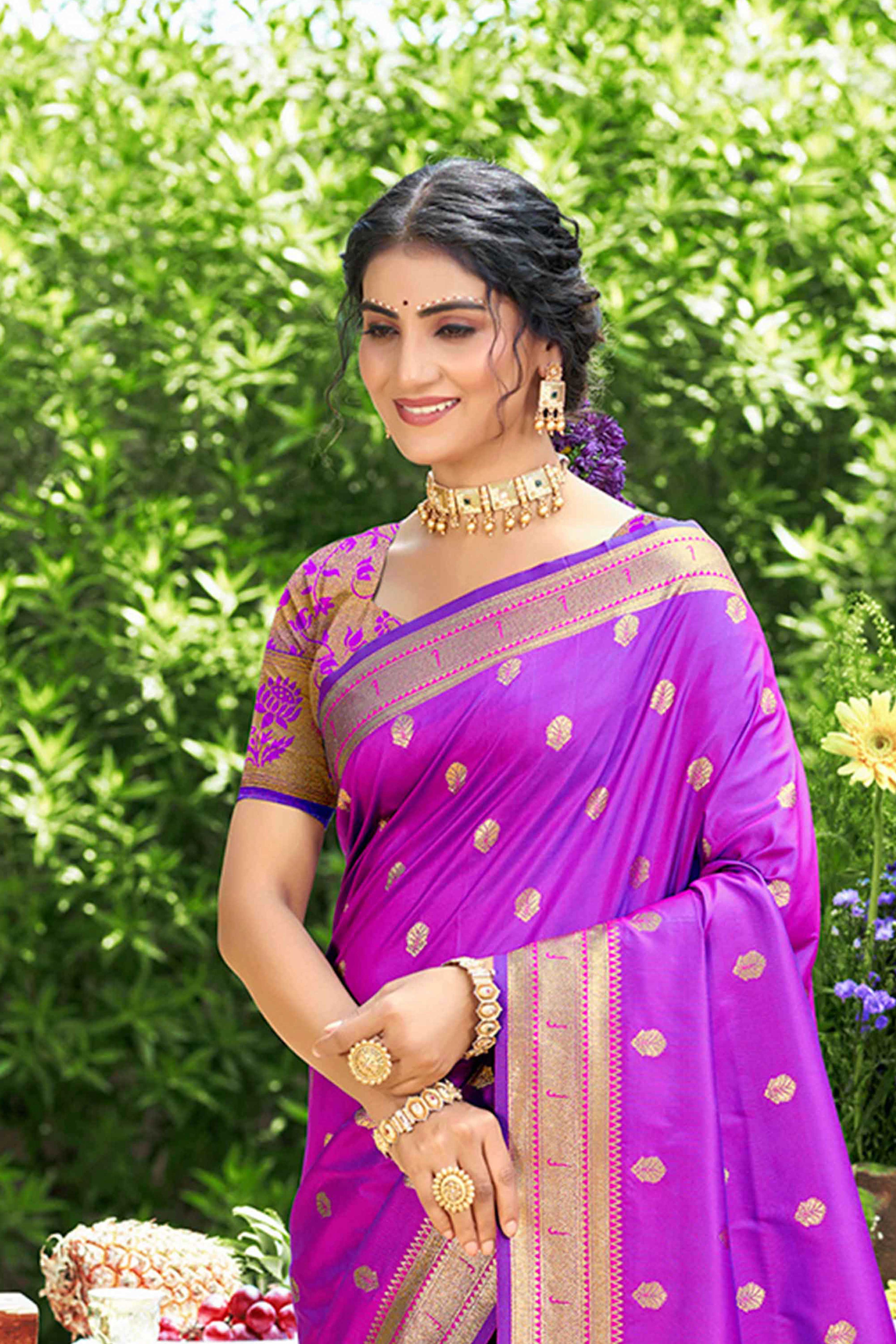 Purple Zari Weaving Silk Blend Saree Adorned With Intricate Peacock Motif Pallu & Graceful Tassel