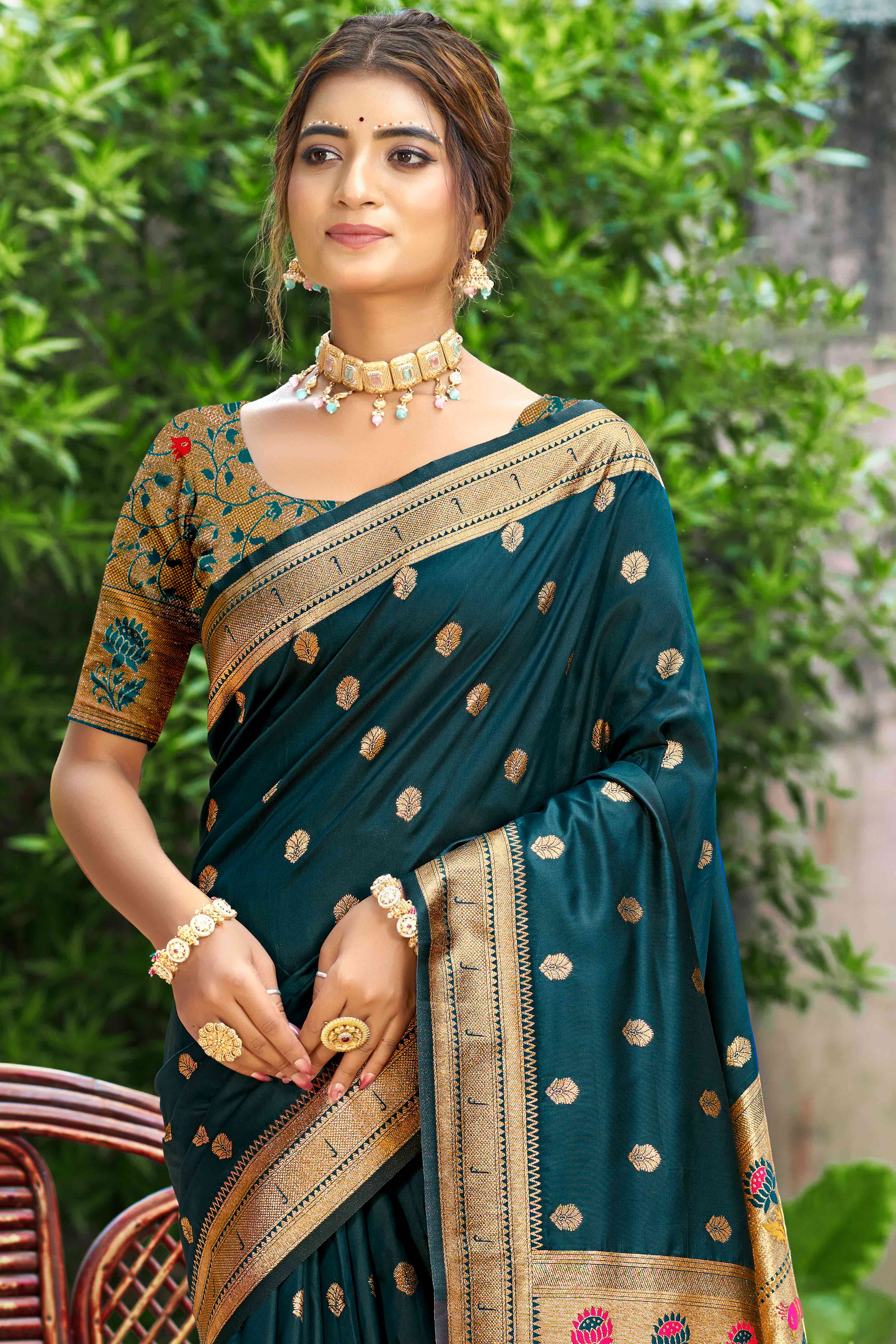 Dark Morpich Blue Zari Weaving Silk Blend Saree Adorned With Peacock Motif Pallu & Graceful Tassel