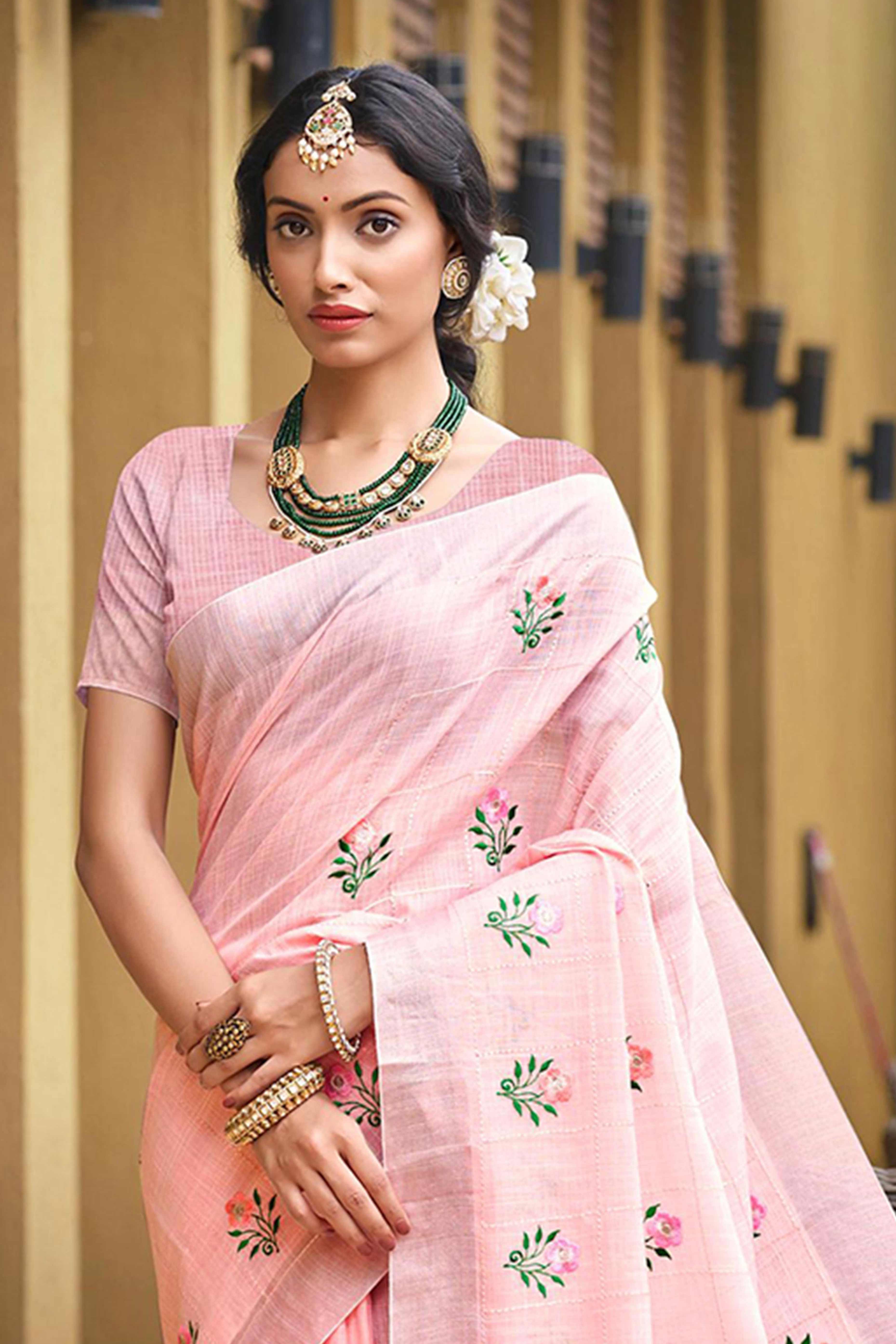Captivating Pink Floral Thread Embroidered Linen Saree With Elegant Weaving Border