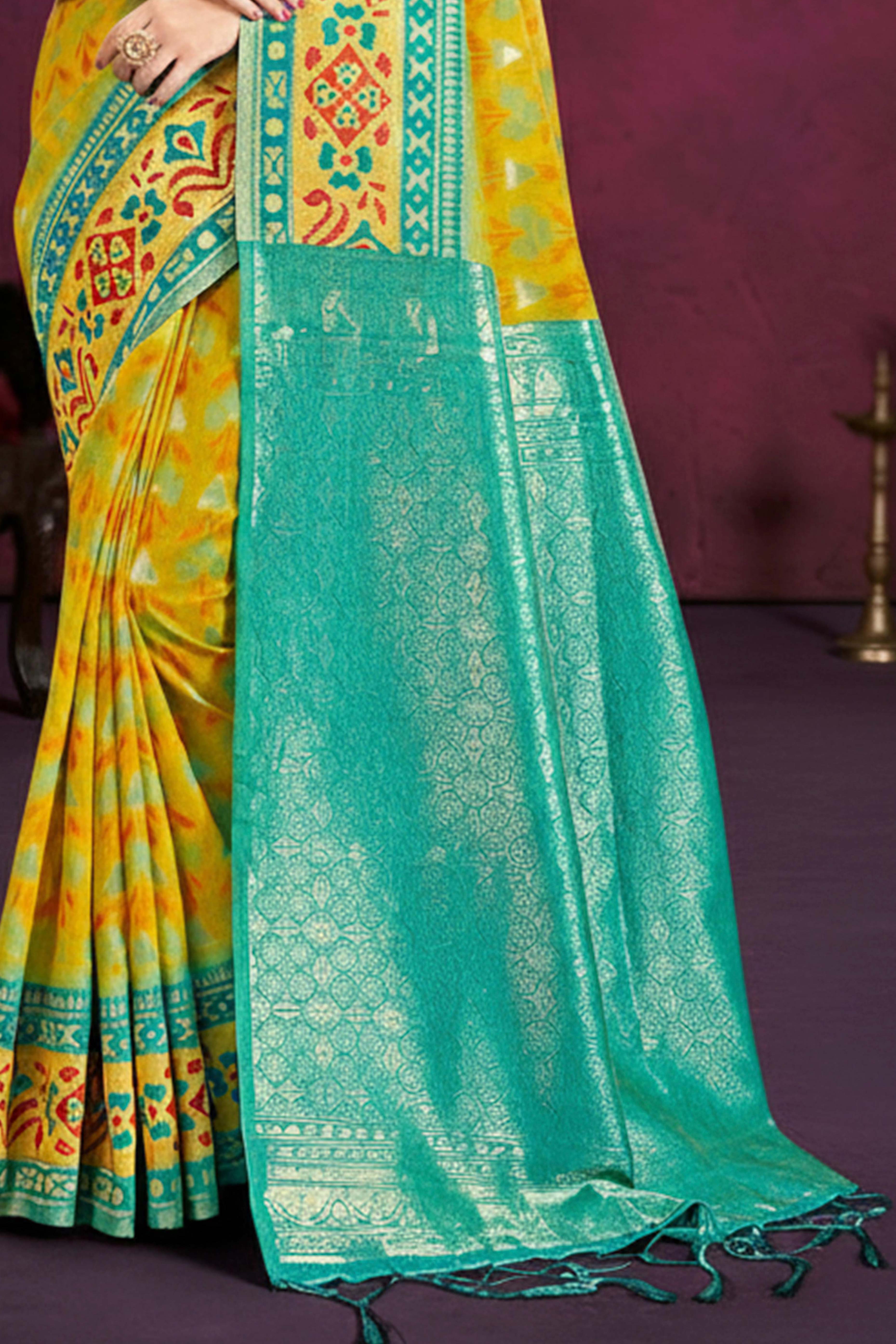 Designer Lemon Yellow Cotton Silk Saree Showcasing Delicate Floral Weaving & Tassel Pallu