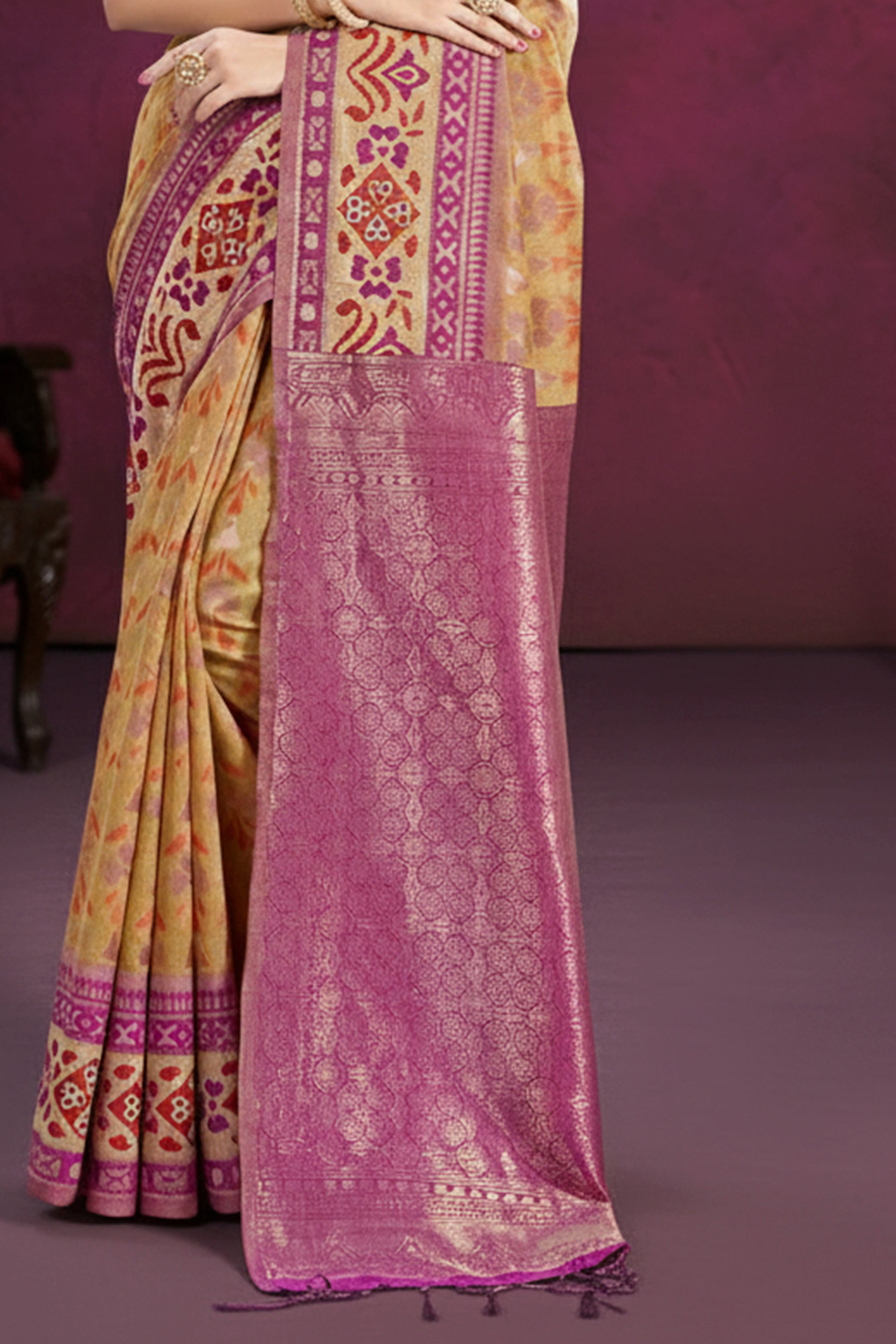 Designer Chikoo Cotton Silk Saree Showcasing Delicate Floral Weaving & Tassel Pallu