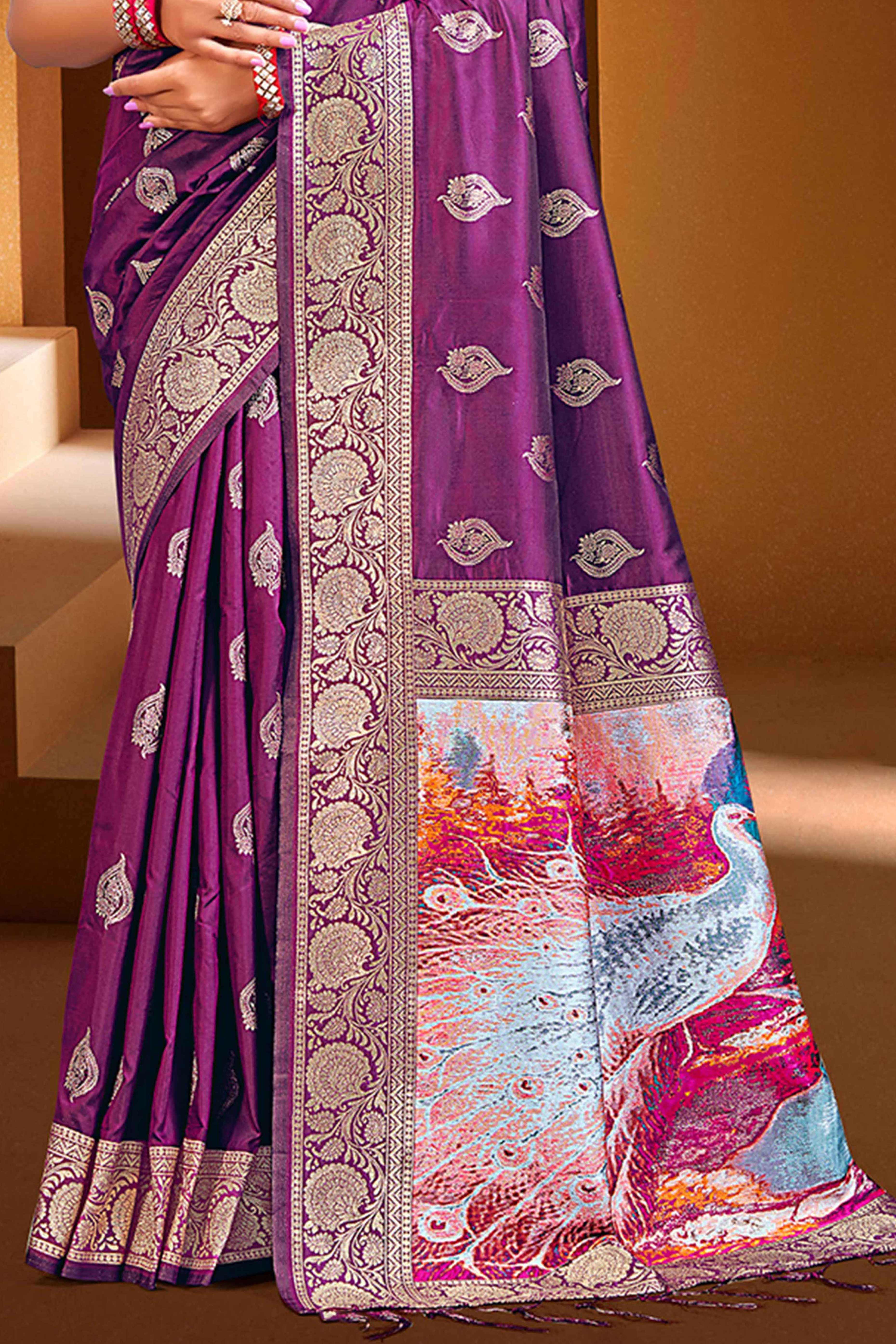 Luxury Purple Floral Weaving Silk Blend Saree Finished With A Digital Peacock Printed Pallu