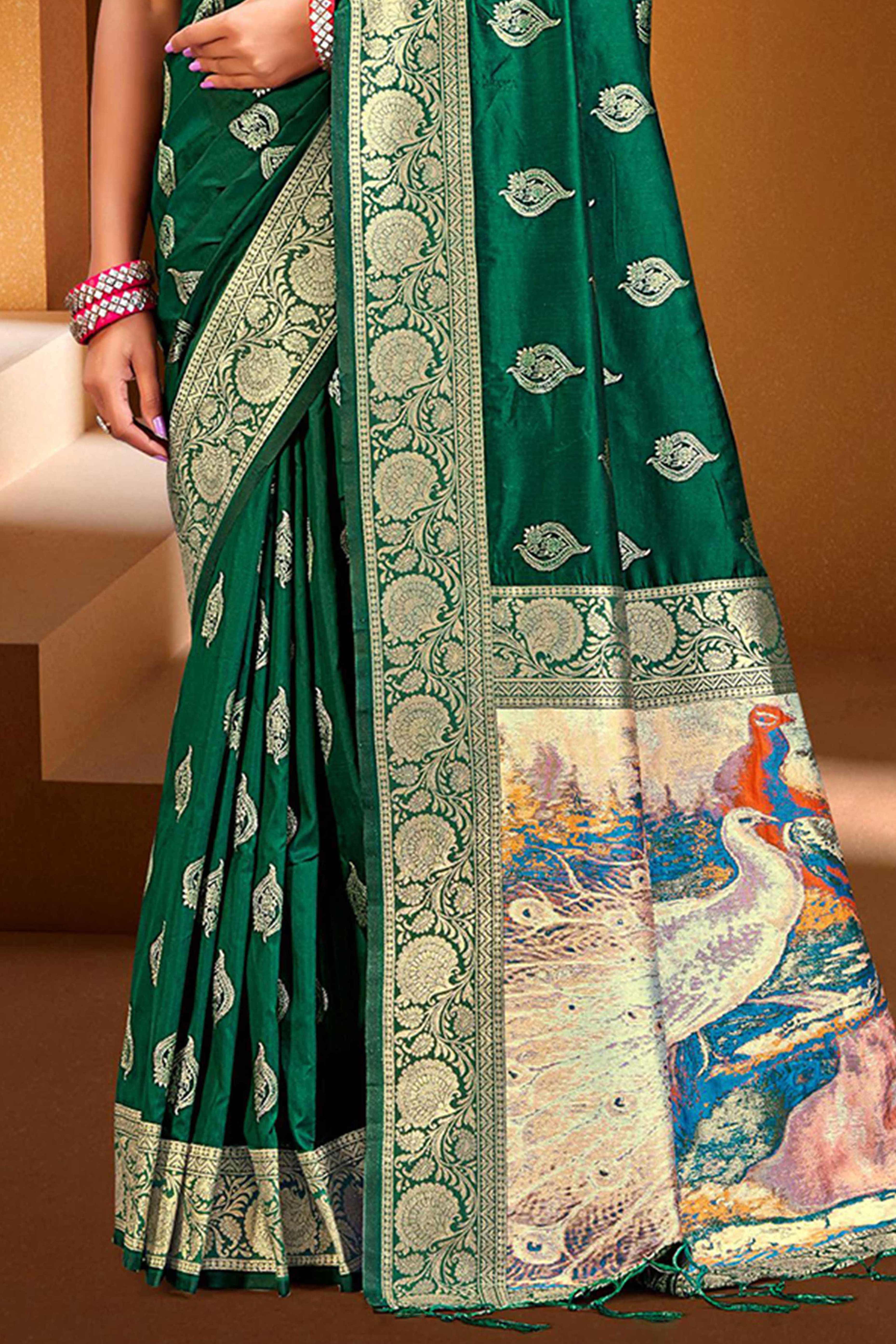 Luxury Green Floral Weaving Silk Blend Saree Finished With A Digital Peacock Printed Pallu