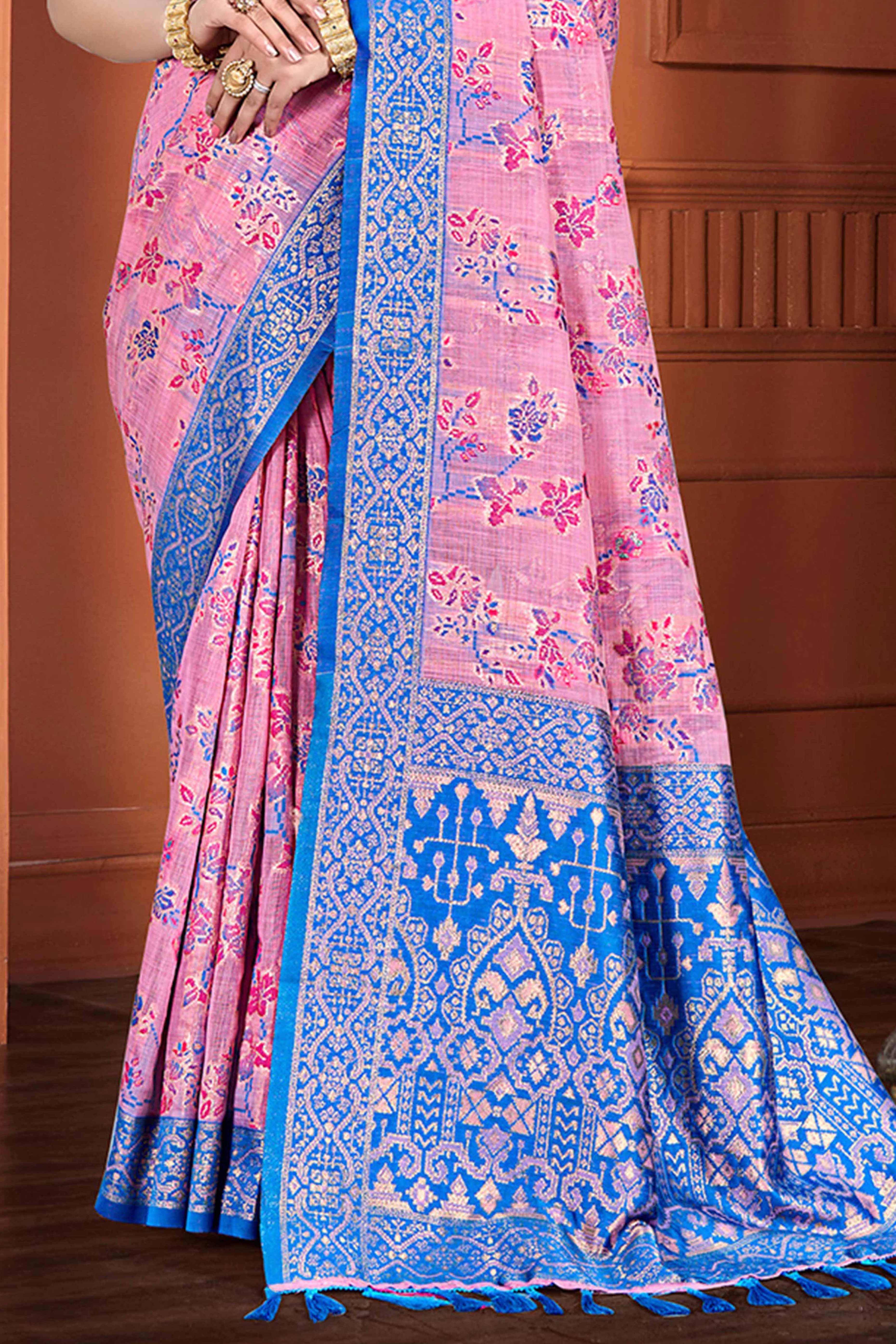 Stunning Pink Floral Zari Weaving Cotton Silk Meena Saree With Tassel Pallu