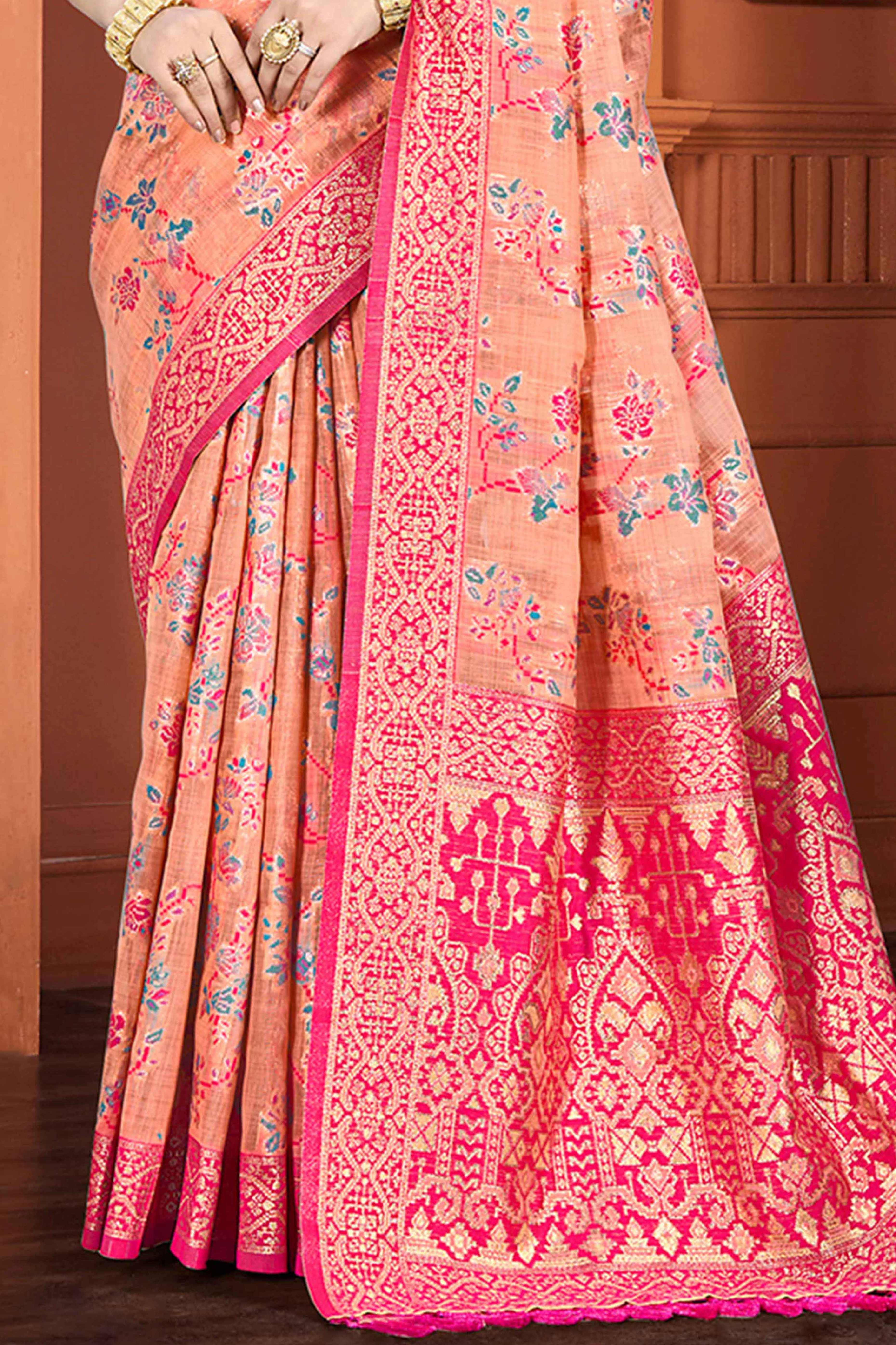 Stunning Peach Floral Zari Weaving Cotton Silk Meena Saree With Tassel Pallu
