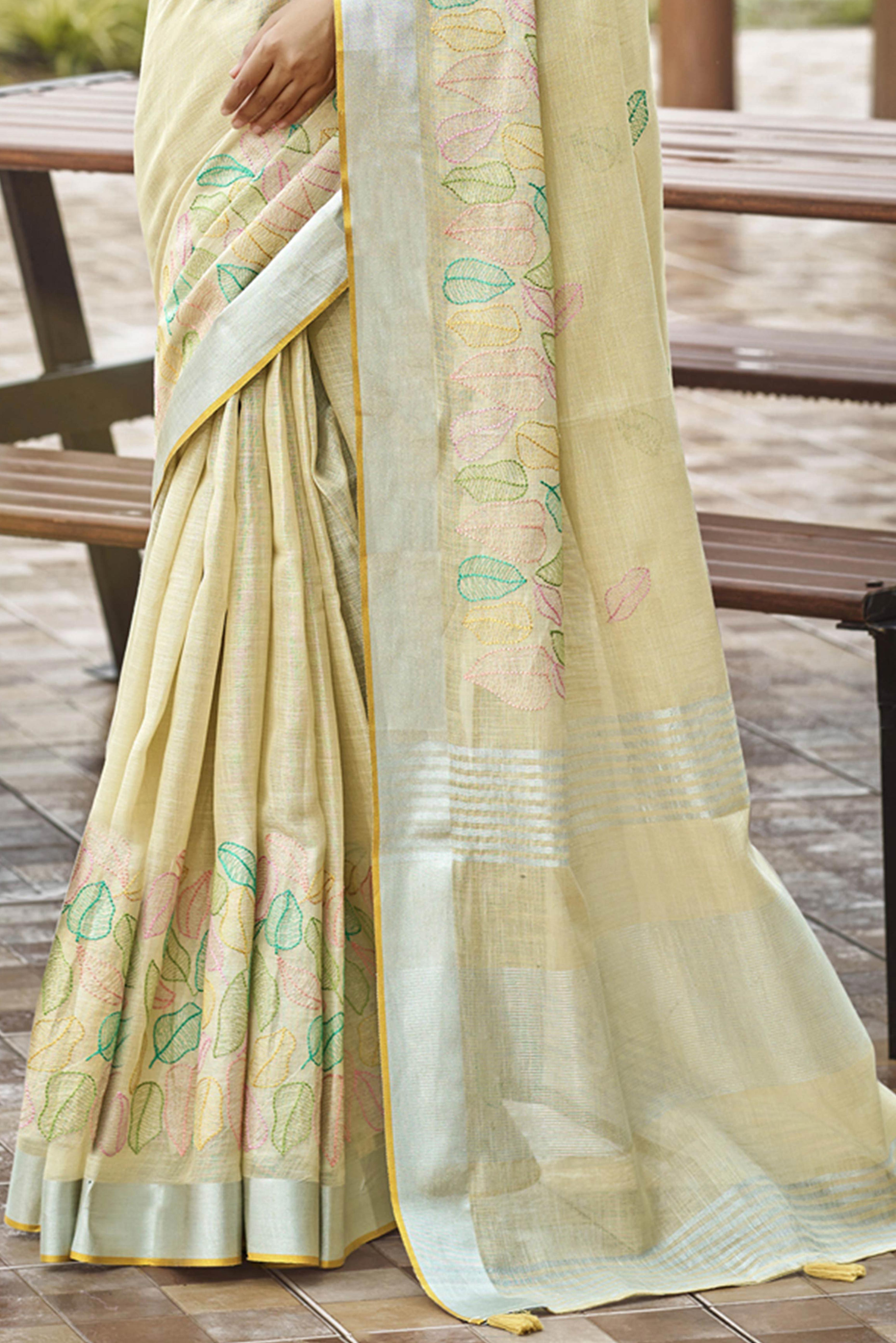 Classic Pista Green Leaf Pattern Thread Embroidery Work Linen Saree With Tassel Pallu