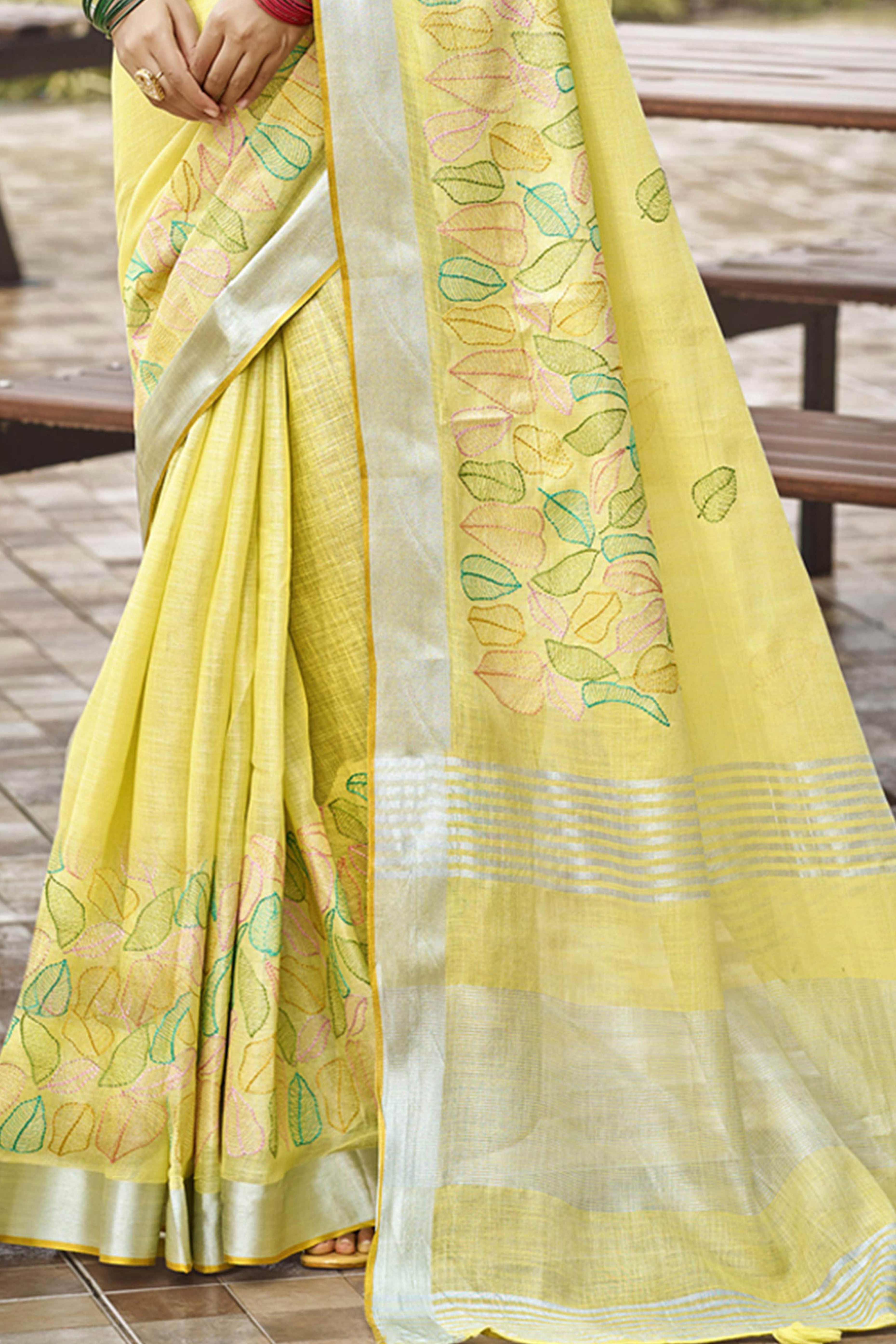 Classic Yellow Leaf Pattern Thread Embroidery Work Linen Saree With Tassel Pallu