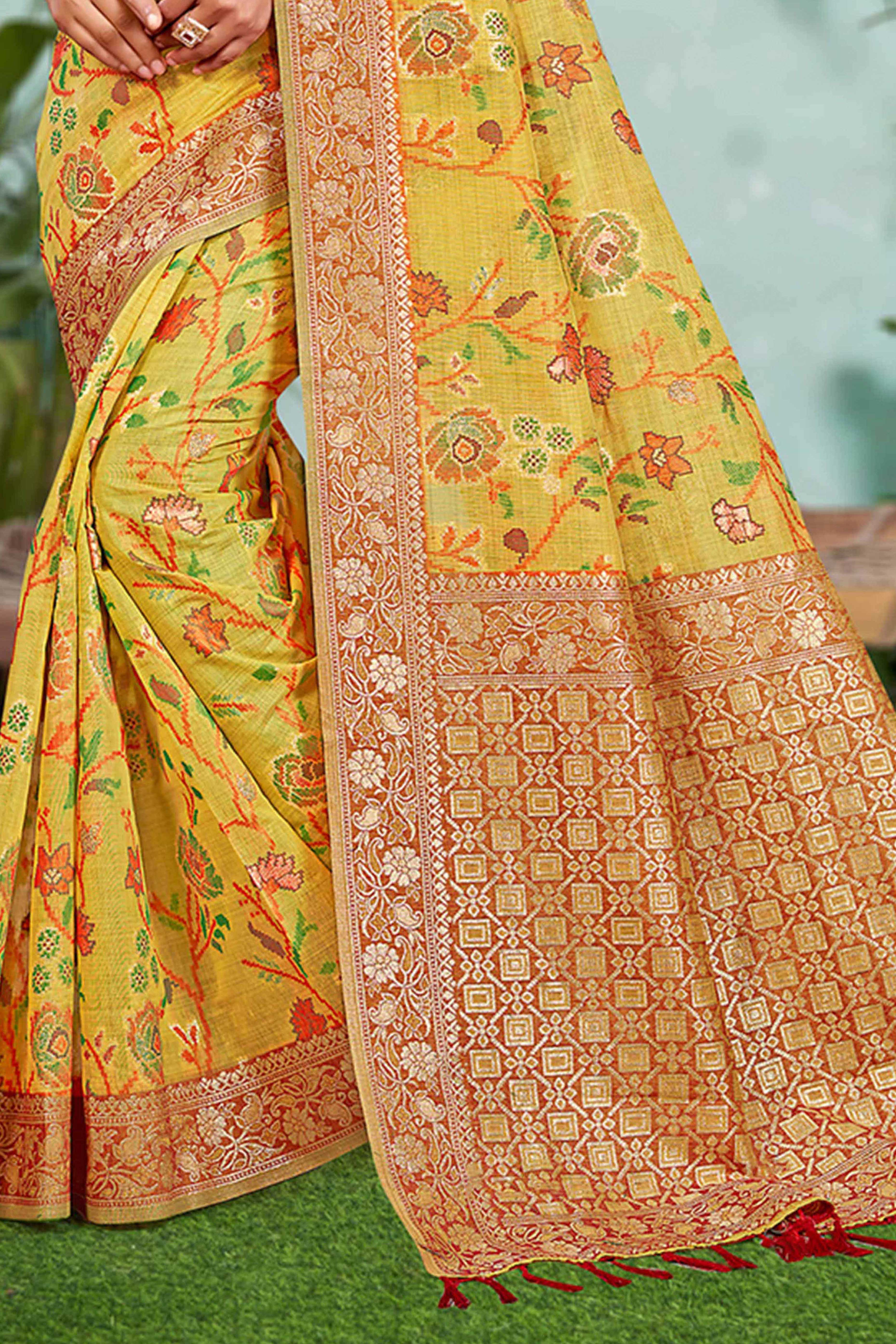 Captivating Mustard Floral Zari Weaving Cotton Silk Saree Accented With Tassel Pallu
