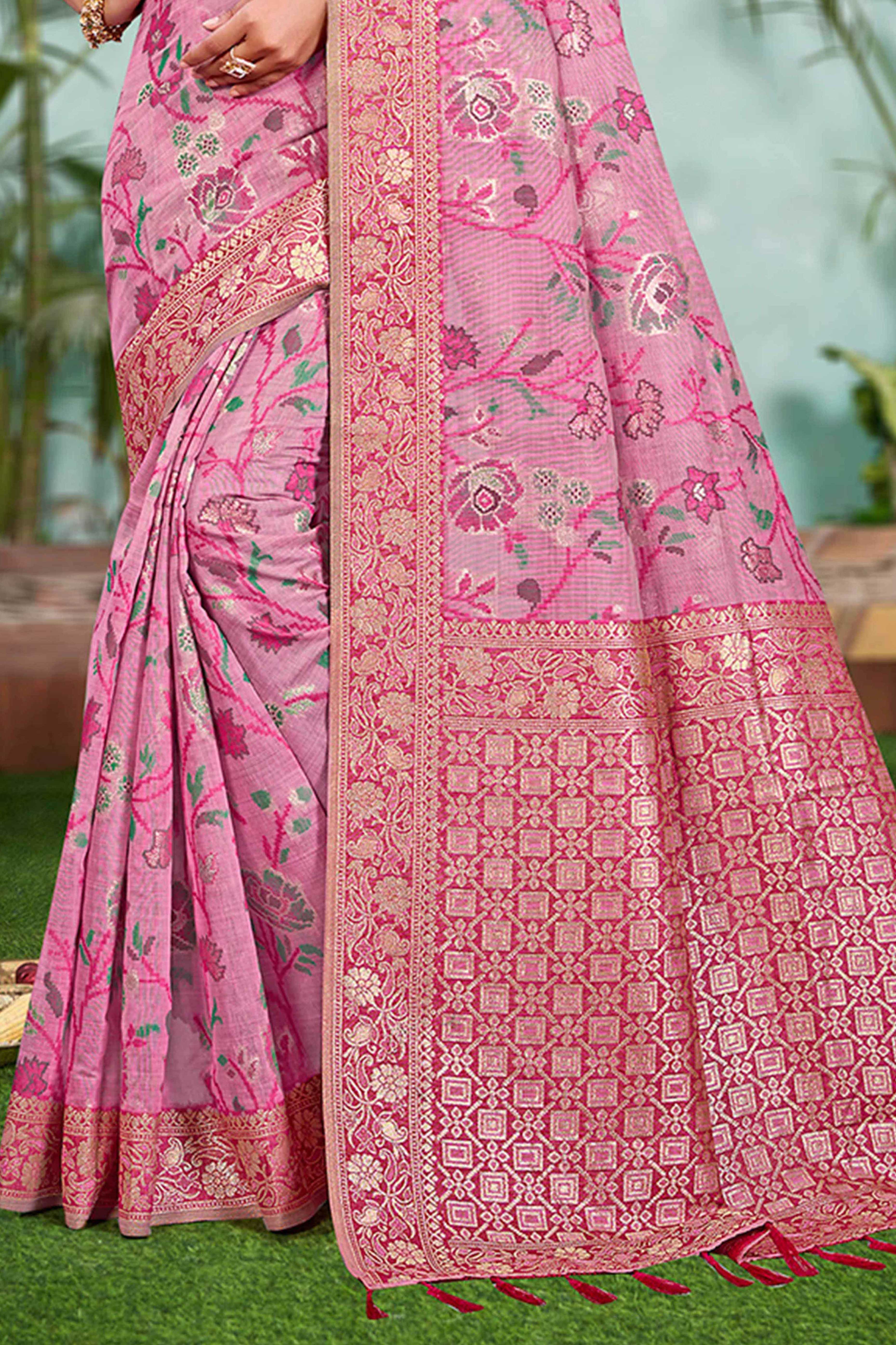 Captivating Pink Floral Zari Weaving Cotton Silk Saree Accented With Tassel Pallu