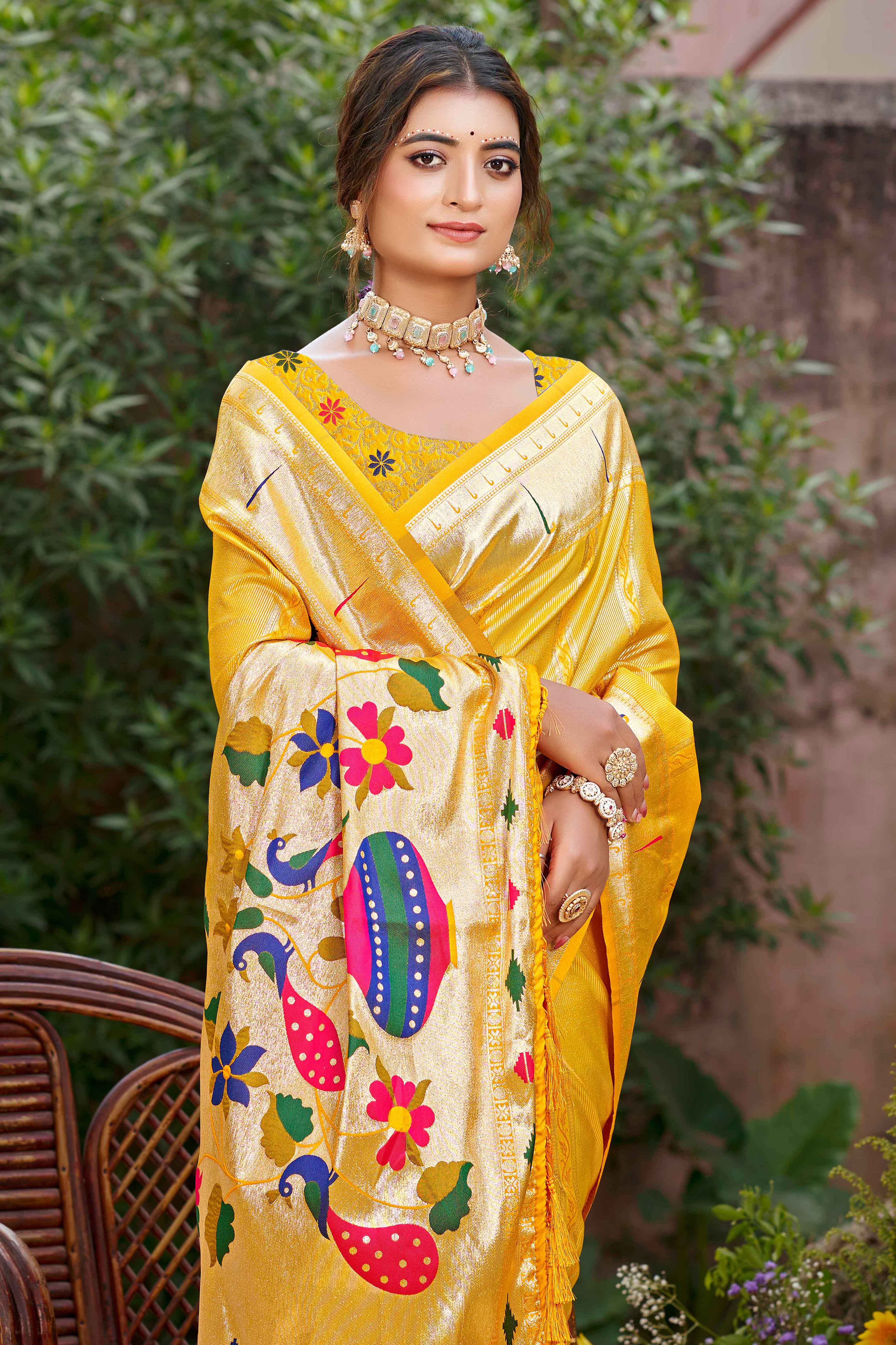 Yellow Designer Weaving Silk Blend Saree Accented With Graceful Peacock & Floral Motif Pallu