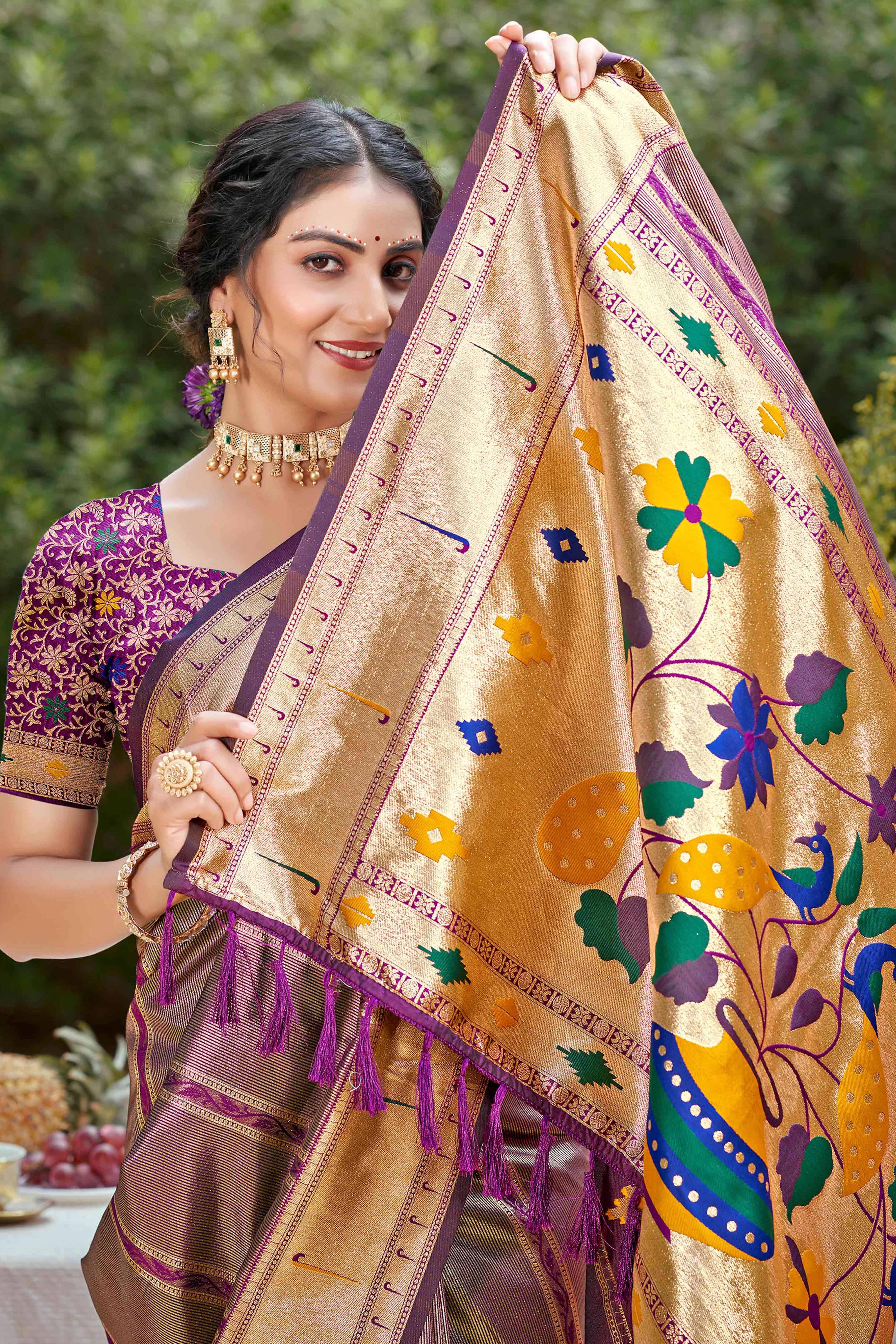 Dark Purple Designer Weaving Silk Blend Saree Accented With Graceful Peacock & Floral Motif Pallu