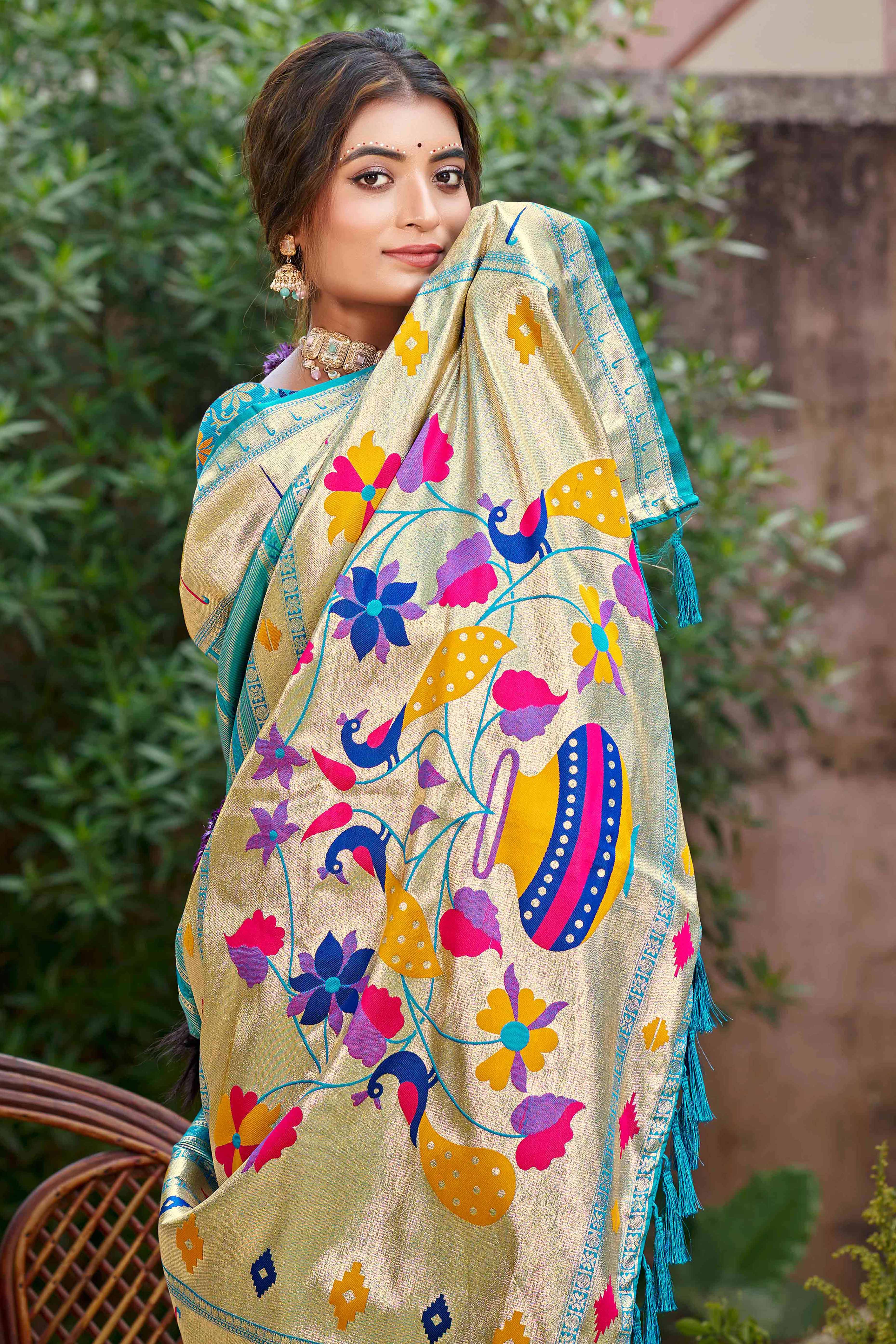 Turquoise Blue Designer Weaving Silk Blend Saree Accented With Graceful Peacock & Floral Motif Pallu