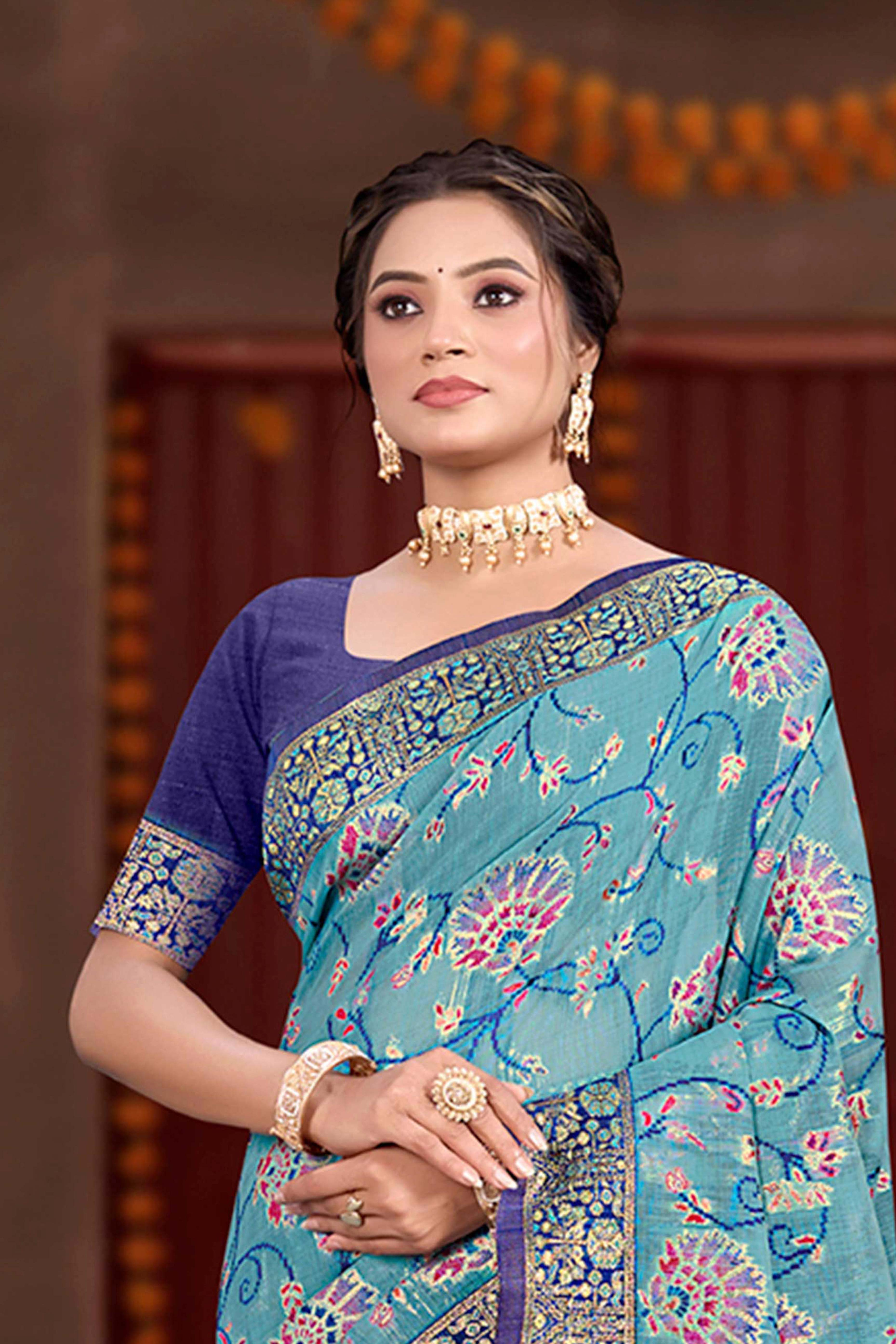 Elegant Blue Cotton Silk Saree Adorned With Floral Weaving & Graceful Tassel Pallu