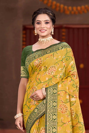 Elegant Mustard Cotton Silk Saree Adorned With Floral Weaving & Graceful Tassel Pallu