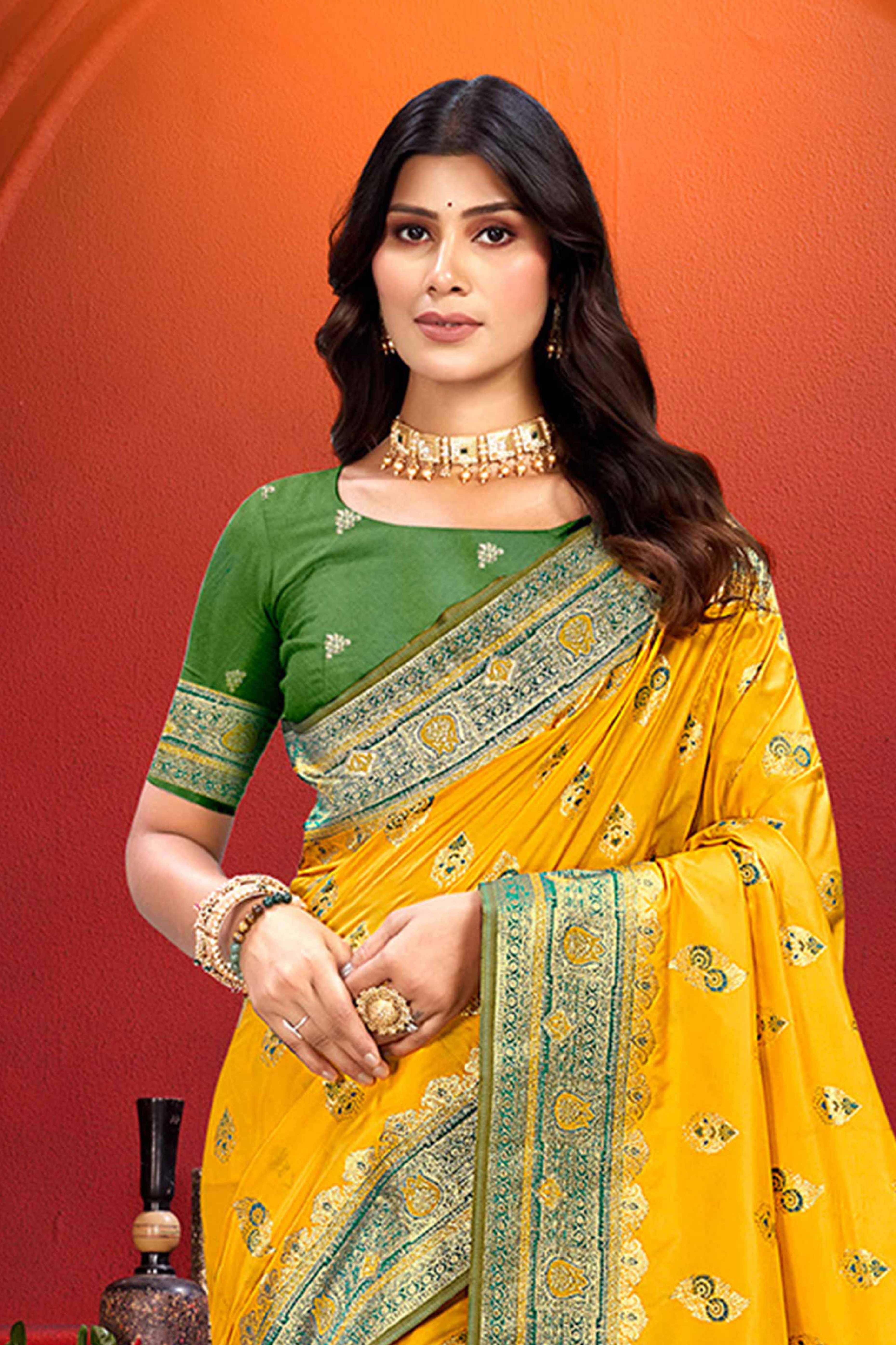 Designer Yellow Floral Zari Weaving Silk Blend Saree With Stylish Tassel Pallu