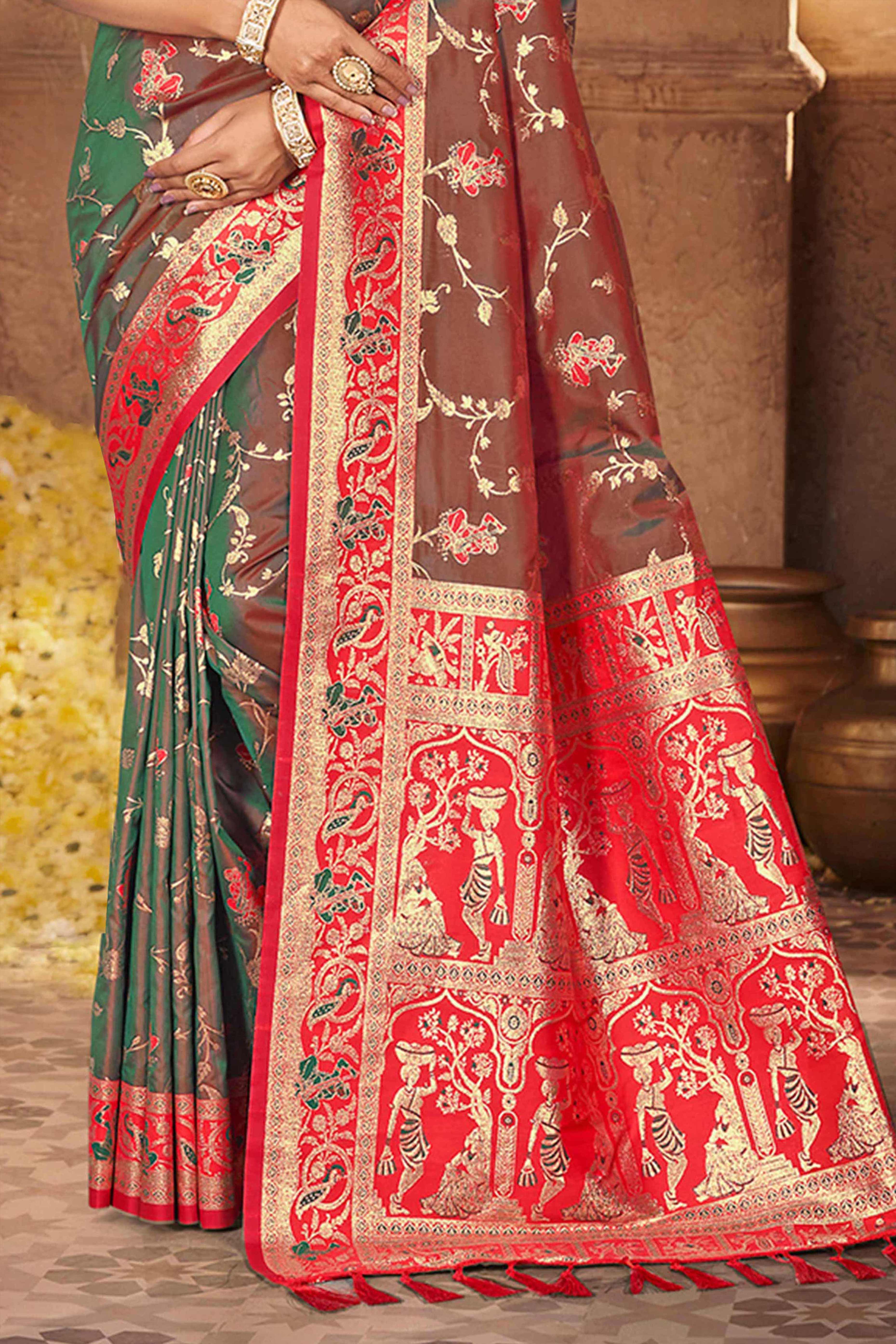 Radiant Brown Floral Zari Weaving Silk Blend Saree With Tassel Pallu