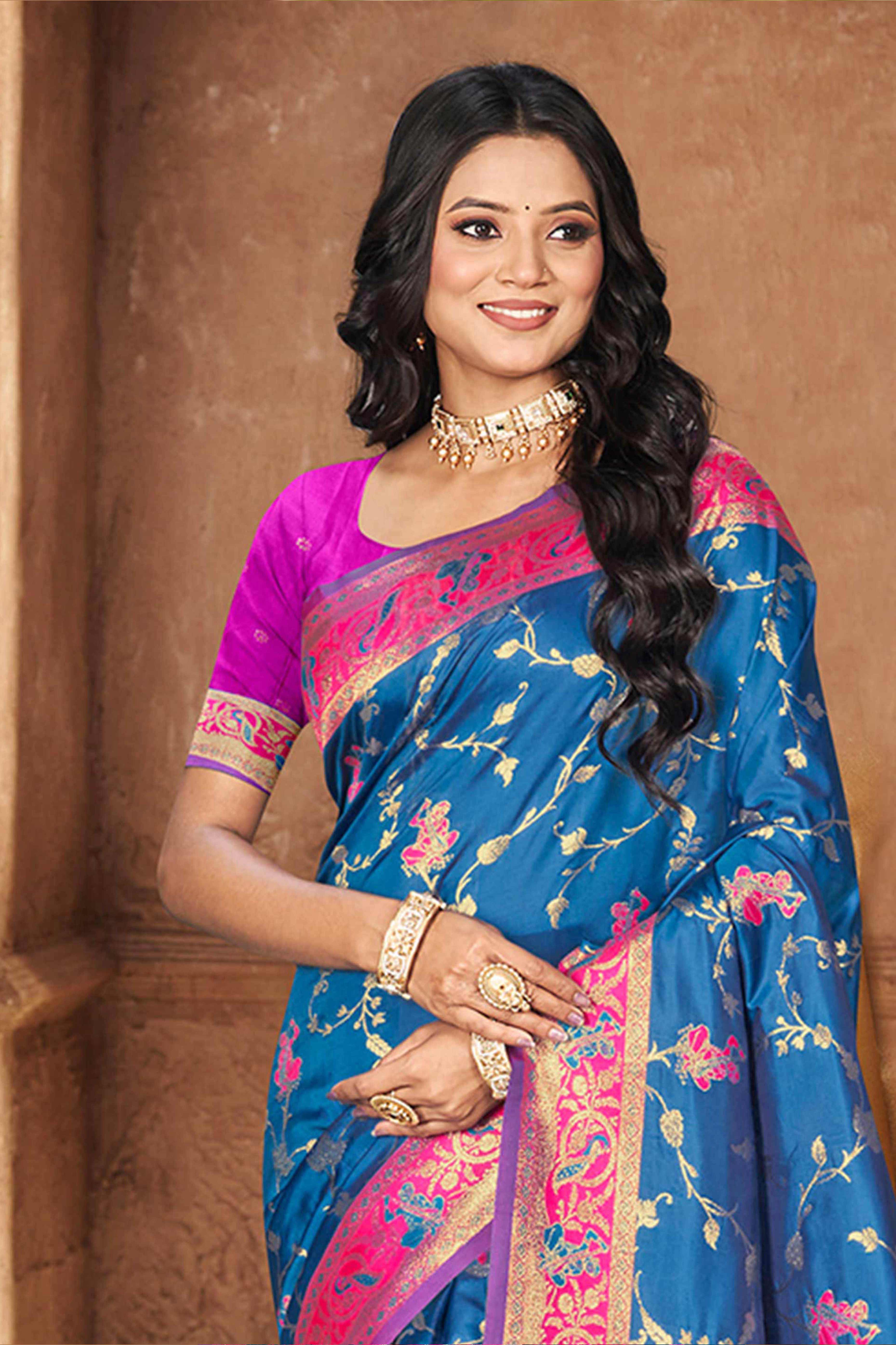 Radiant Blue Floral Zari Weaving Silk Blend Saree With Tassel Pallu