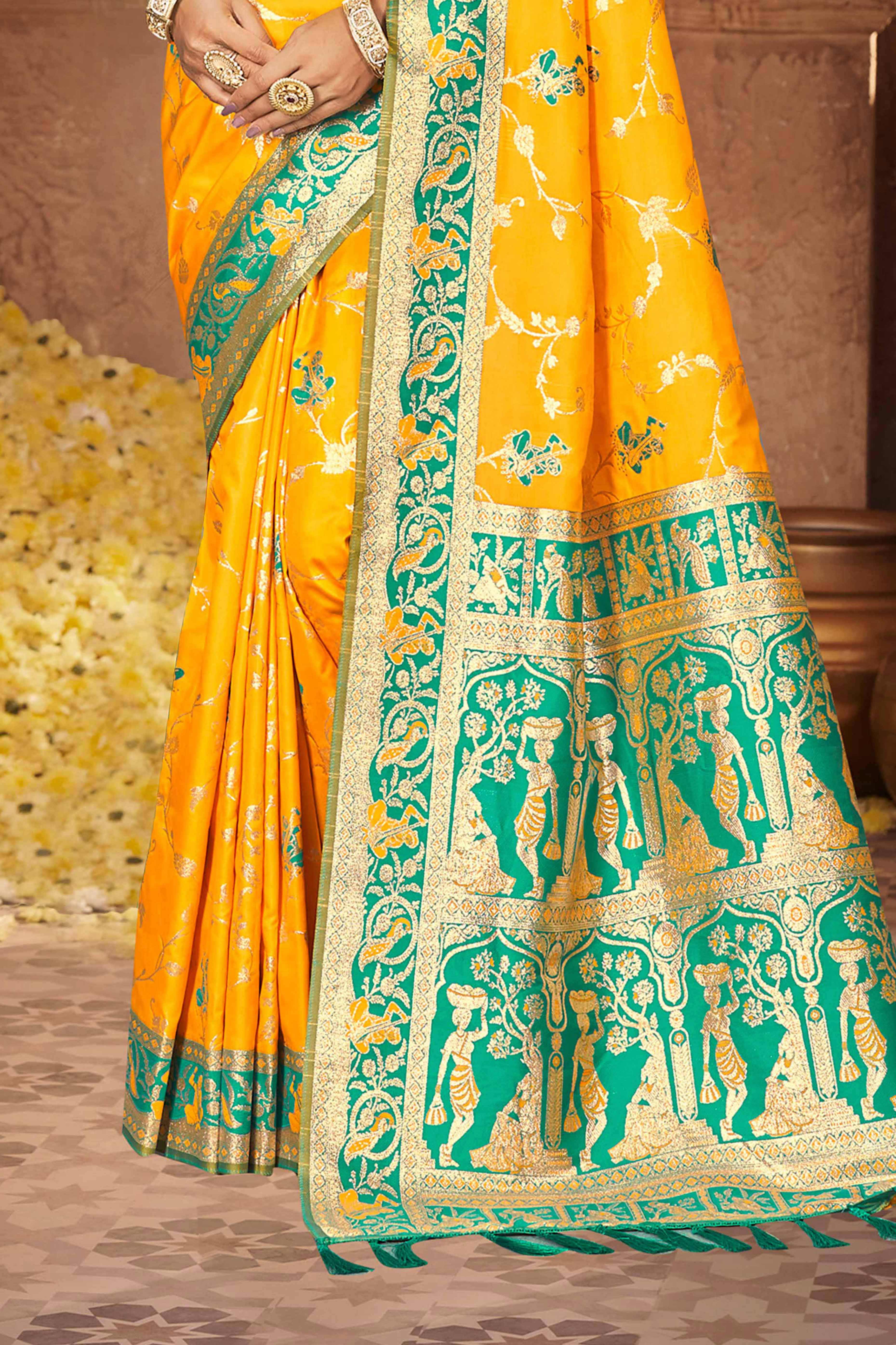 Radiant Yellow Floral Zari Weaving Silk Blend Saree With Tassel Pallu