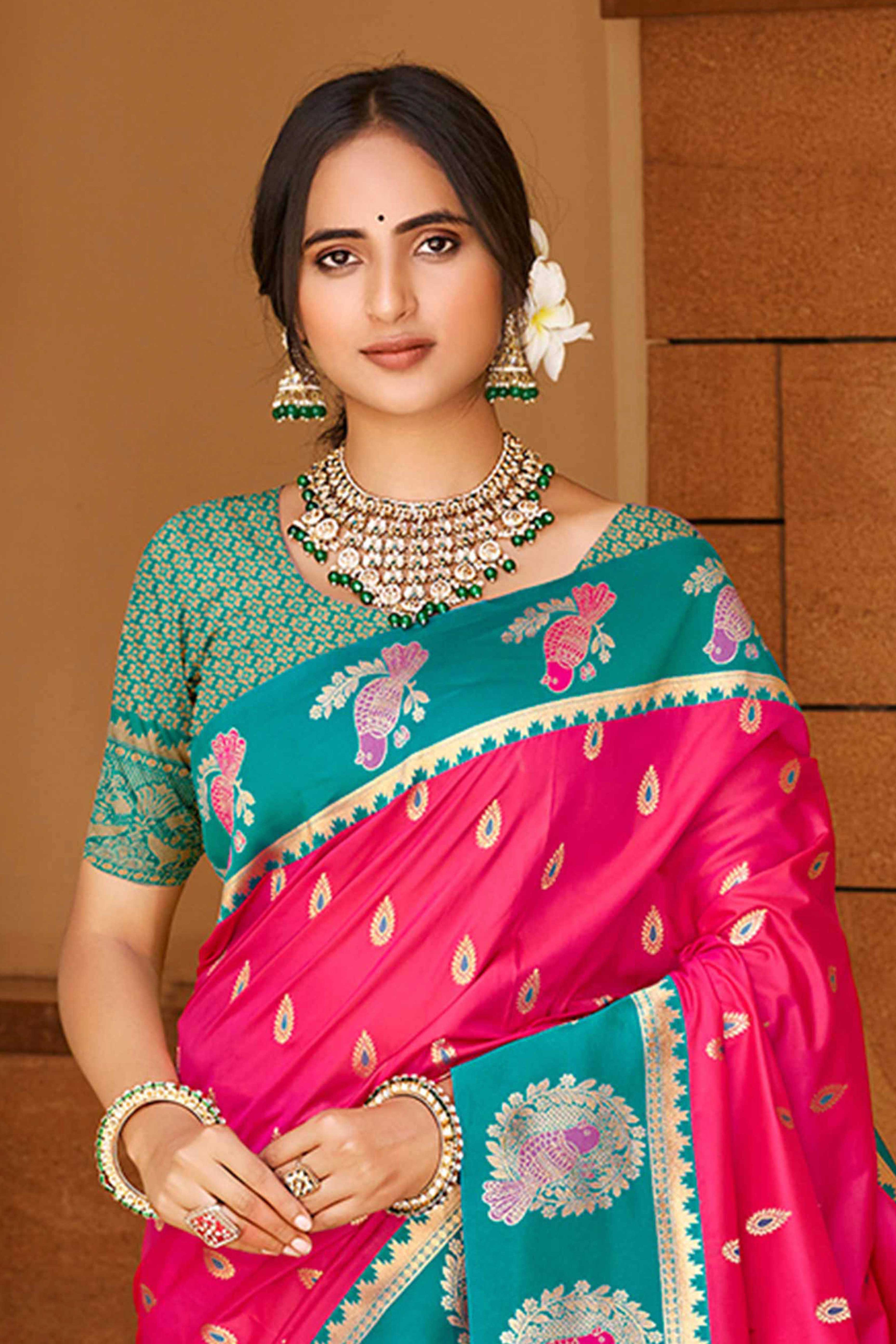 Stunning Rani Pink Floral Weaving Silk Blend Saree With Birds Design Border & Tassel Pallu