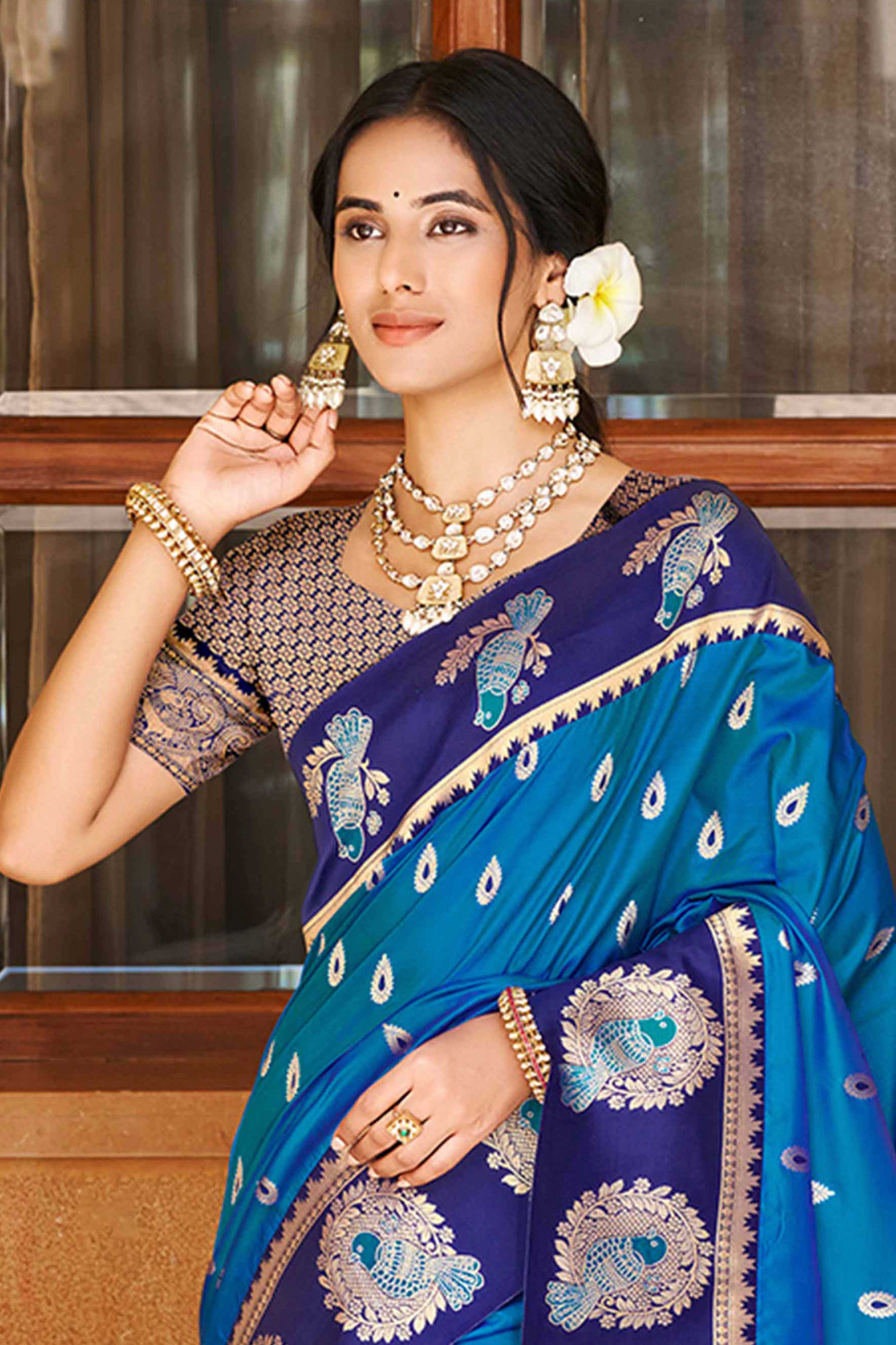 Stunning Blue Floral Weaving Silk Blend Saree With Birds Design Border & Tassel Pallu