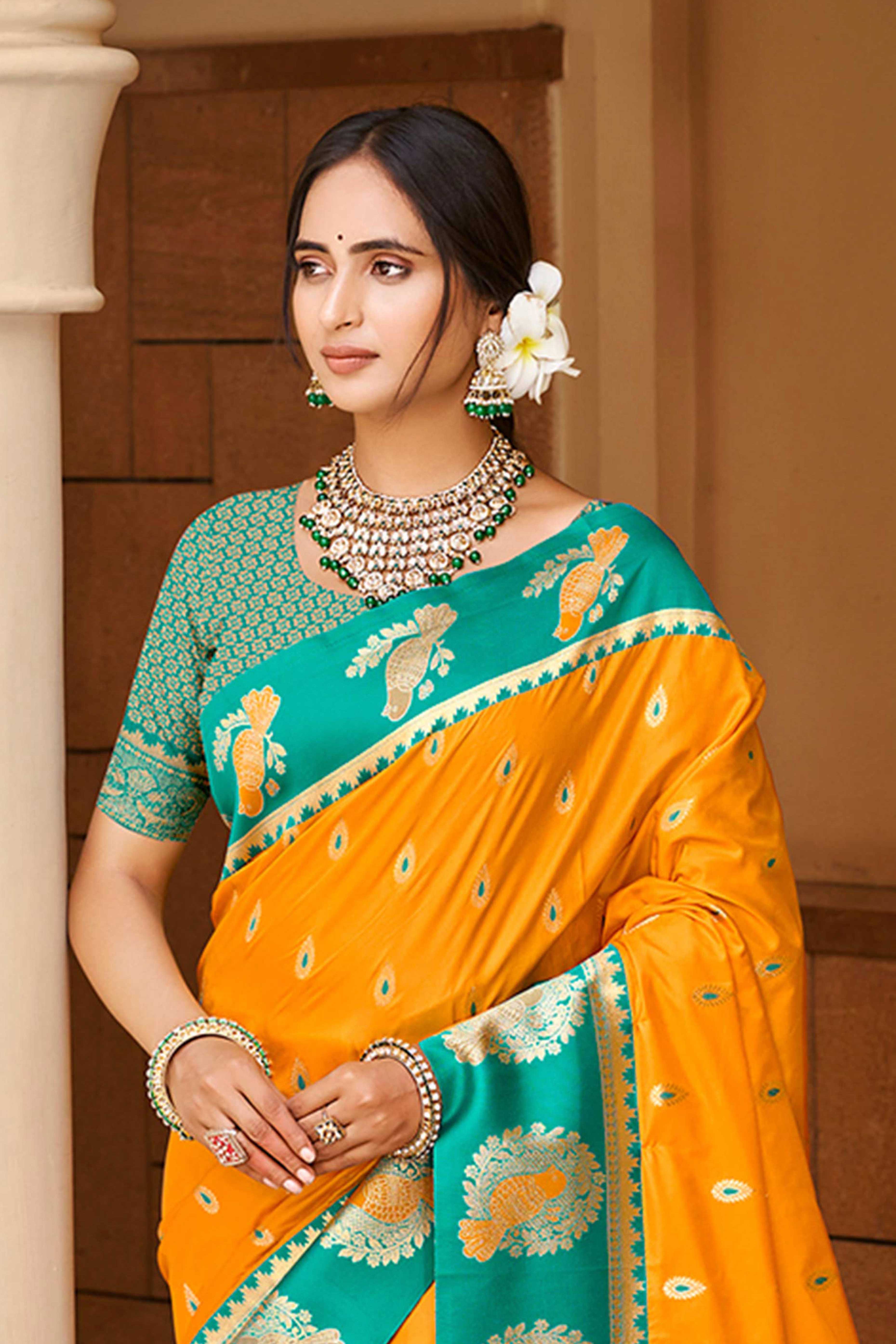 Stunning Mustard Floral Weaving Silk Blend Saree With Birds Design Border & Tassel Pallu