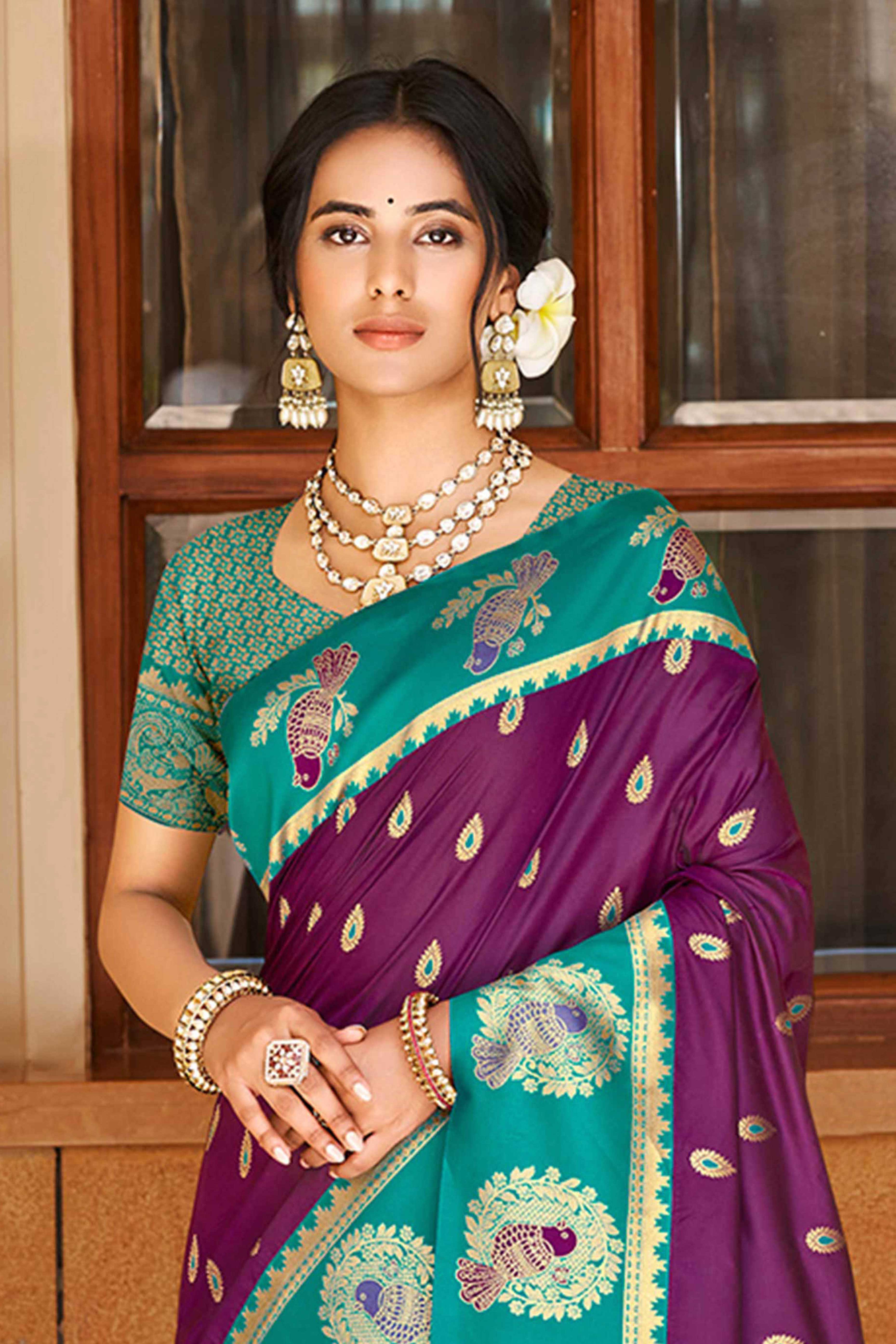 Stunning Purple Floral Weaving Silk Blend Saree With Birds Design Border & Tassel Pallu