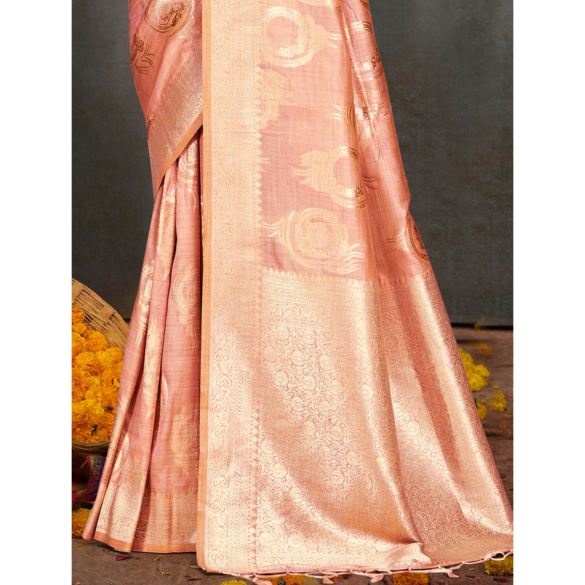 Peach Floral Woven Cotton Silk Saree With Tassels