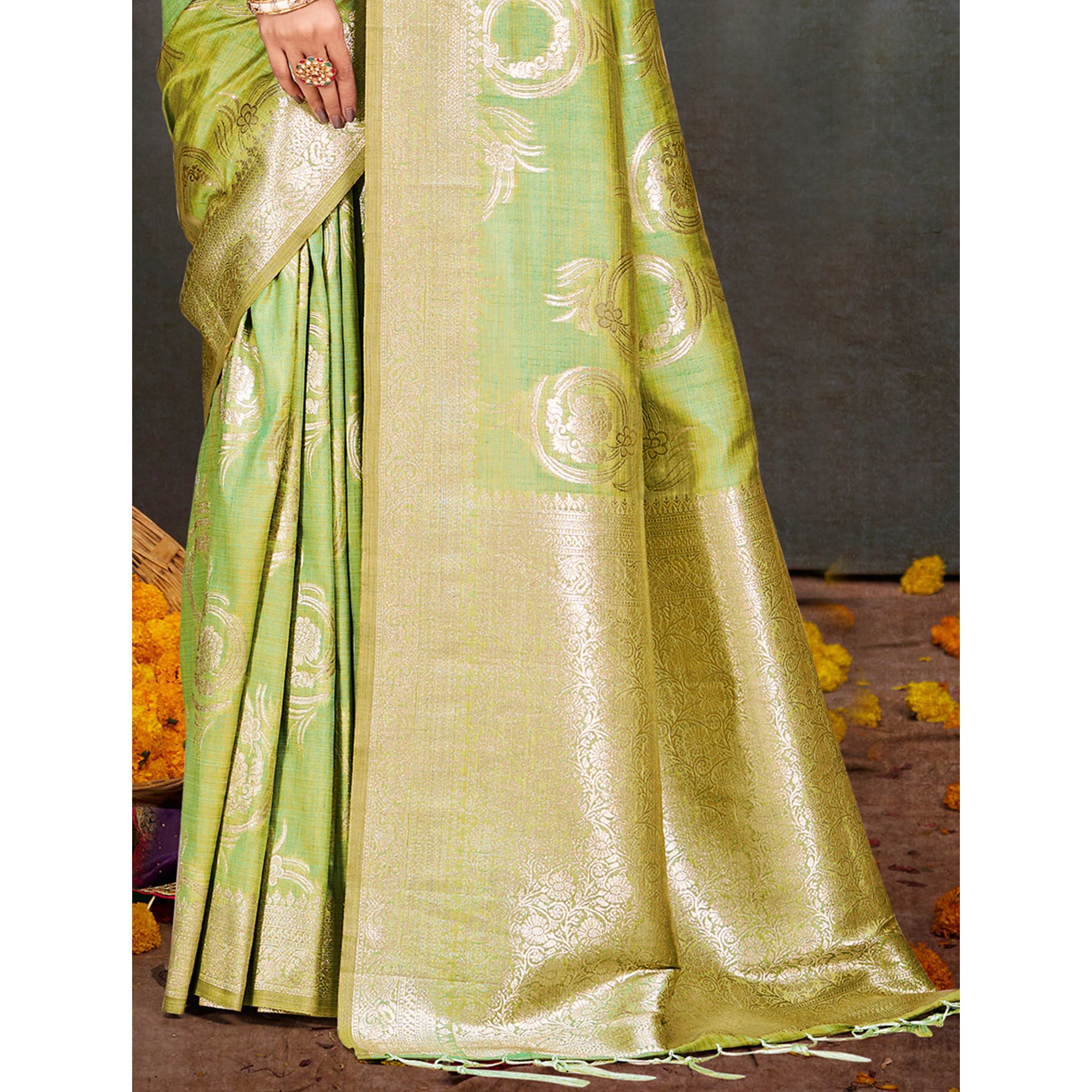 Parrot Green Floral Woven Cotton Silk Saree With Tassels